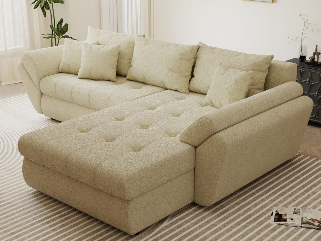 Colțar extensibil dumonde cu ladă de depozitare si sezut confortabil din spuma high-density, Loana Quelle Bej II 270x185 cm