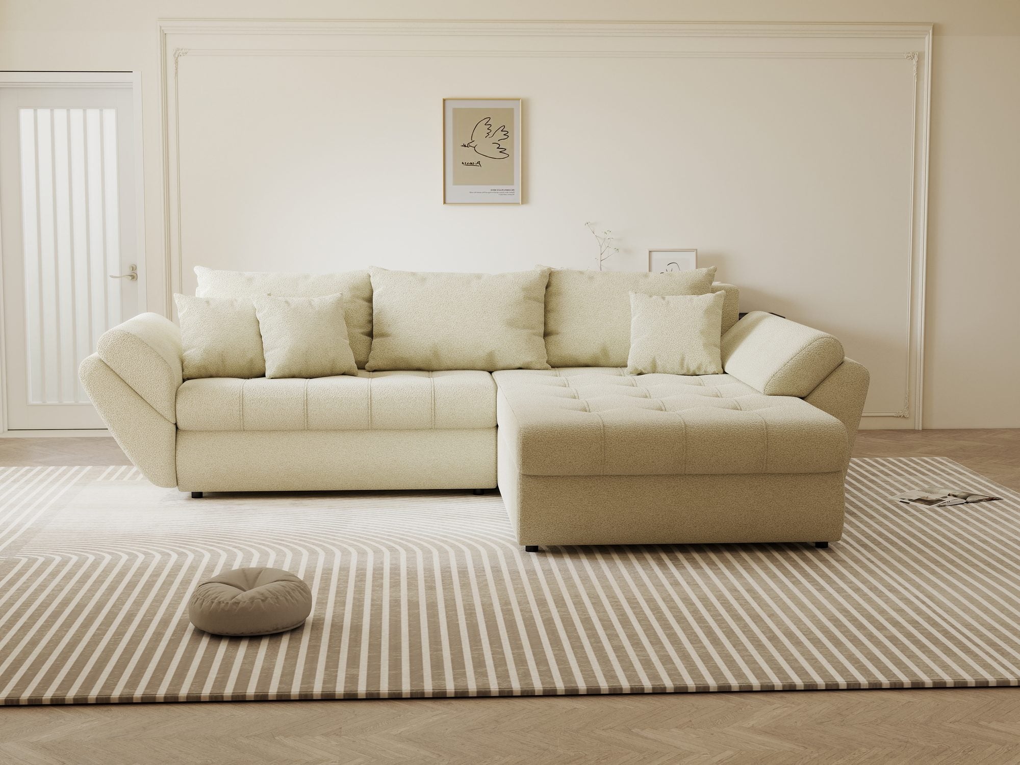 Colțar extensibil dumonde cu ladă de depozitare si sezut confortabil din spuma high-density, Loana Quelle Bej II 270x185 cm