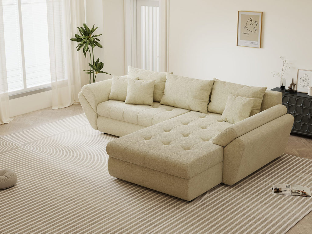 Colțar extensibil dumonde cu ladă de depozitare si sezut confortabil din spuma high-density, Loana Quelle Bej II 270x185 cm
