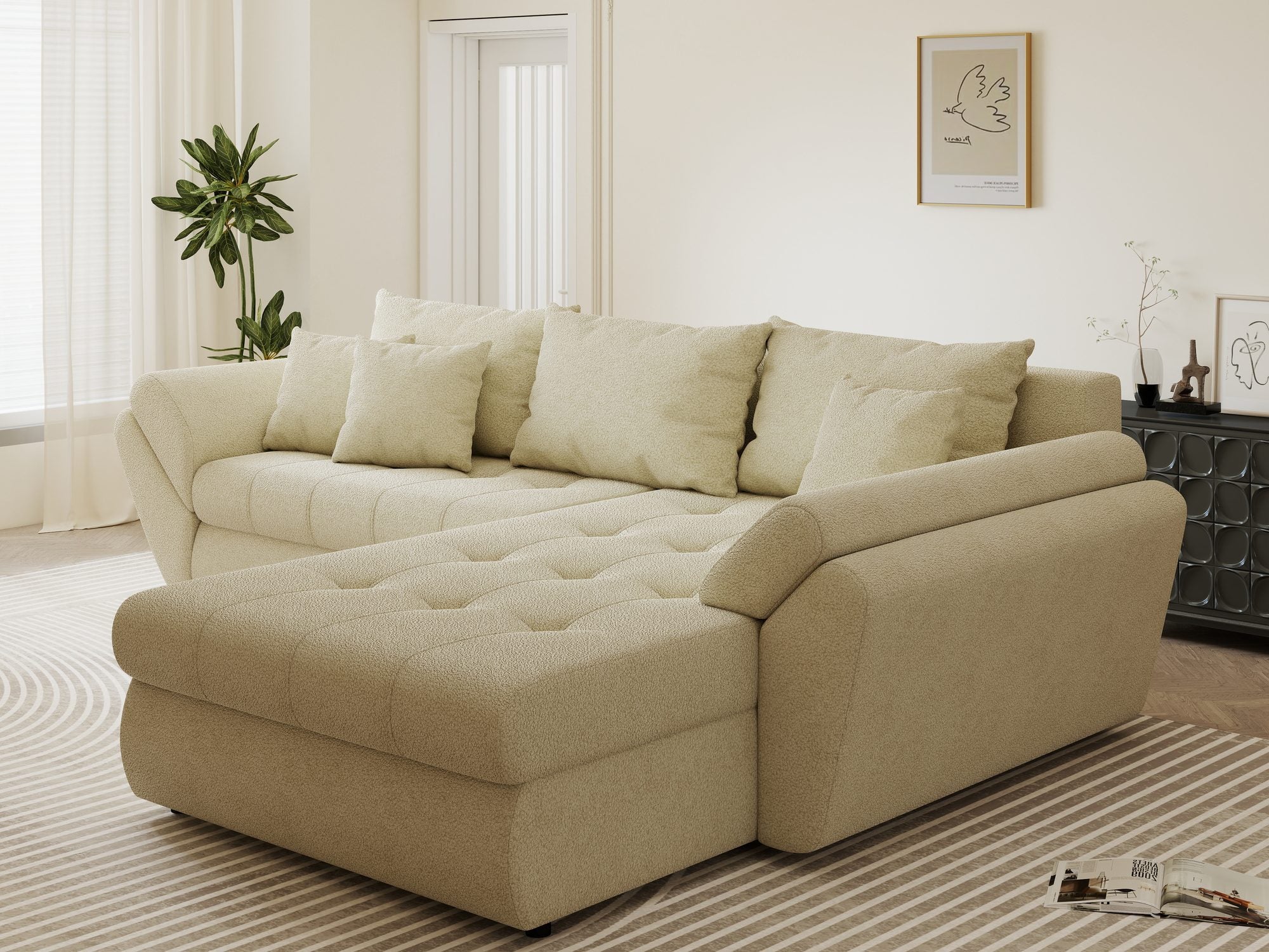 Colțar extensibil dumonde cu ladă de depozitare si sezut confortabil din spuma high-density, Loana Quelle Bej II 270x185 cm