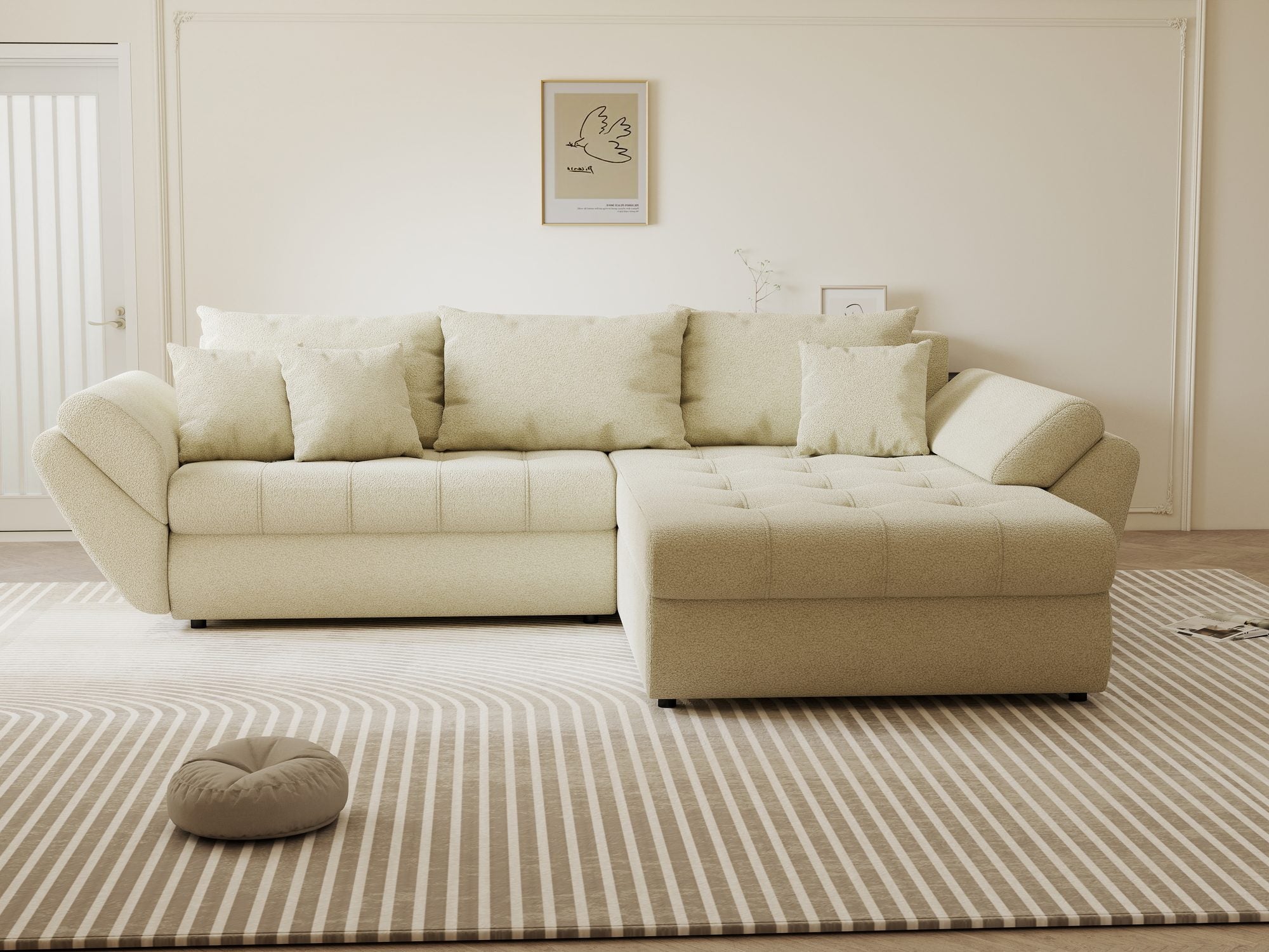 Colțar extensibil dumonde cu ladă de depozitare si sezut confortabil din spuma high-density, Loana Quelle Bej II 270x185 cm