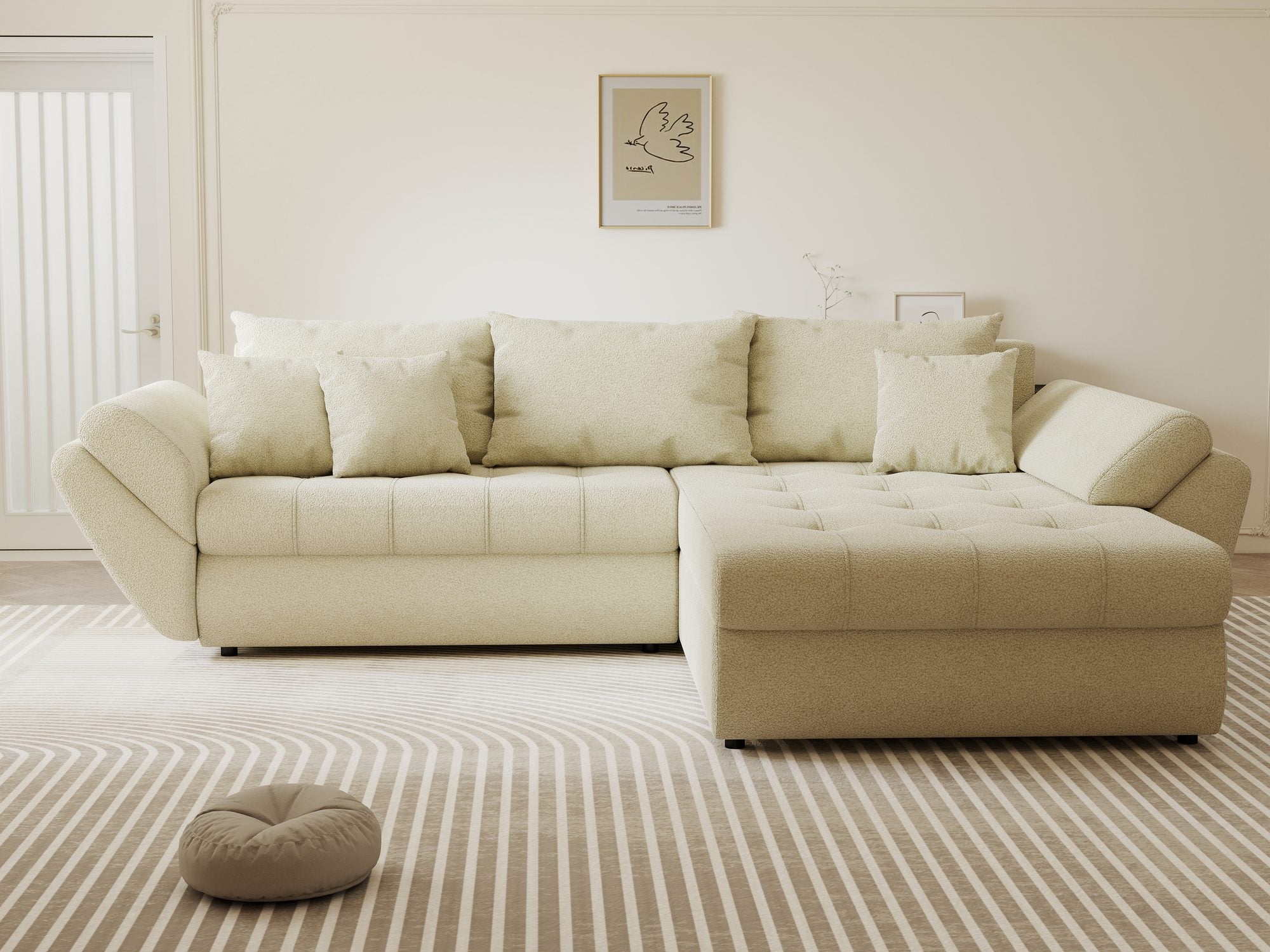 Colțar extensibil dumonde cu ladă de depozitare si sezut confortabil din spuma high-density, Loana Quelle Bej II 270x185 cm