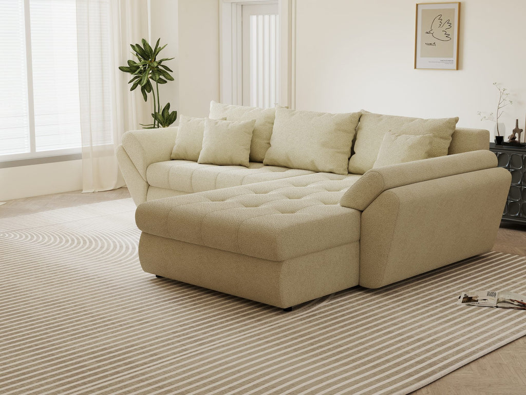 Colțar extensibil dumonde cu ladă de depozitare si sezut confortabil din spuma high-density, Loana Quelle Bej II 270x185 cm