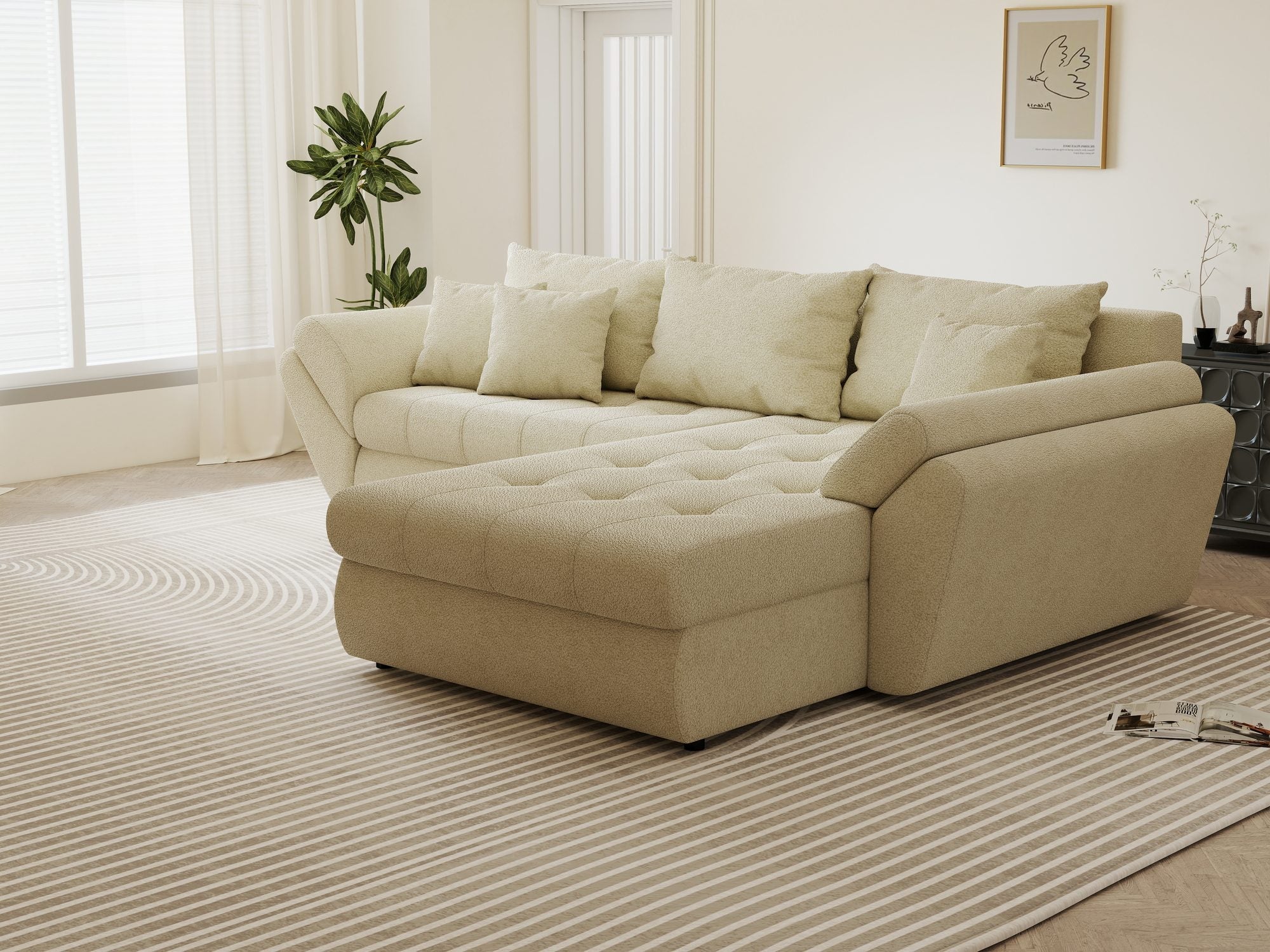 Colțar extensibil dumonde cu ladă de depozitare si sezut confortabil din spuma high-density, Loana Quelle Bej II 270x185 cm