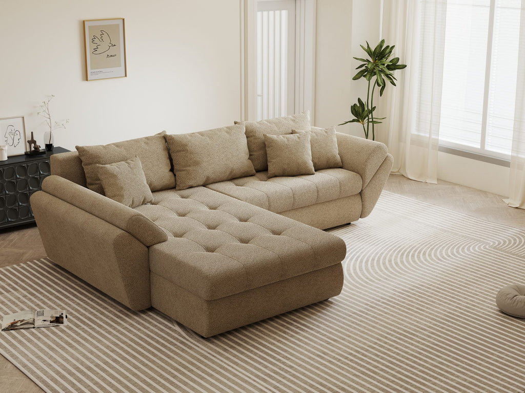 Colțar extensibil dumonde cu ladă de depozitare si sezut confortabil din spuma high-density, Loana Quelle Bej 270x185 cm