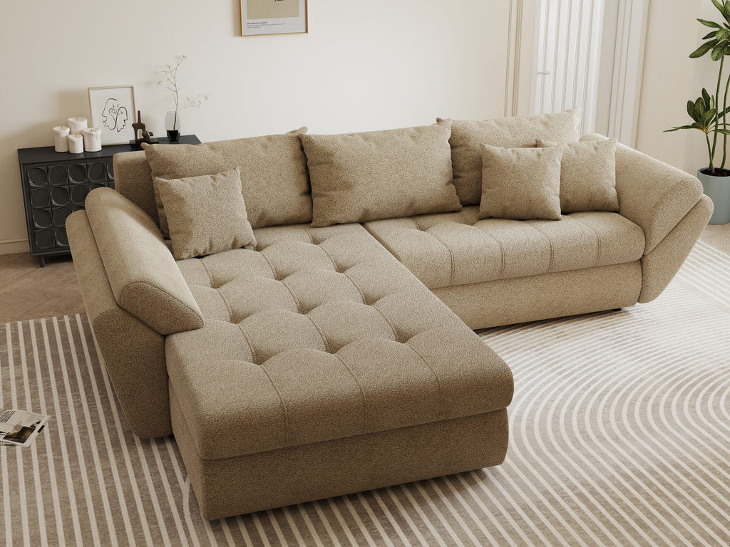 Colțar extensibil dumonde cu ladă de depozitare si sezut confortabil din spuma high-density, Loana Quelle Bej 270x185 cm