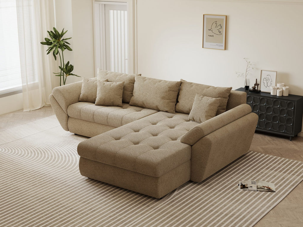 Colțar extensibil dumonde cu ladă de depozitare si sezut confortabil din spuma high-density, Loana Quelle Bej II 270x185 cm