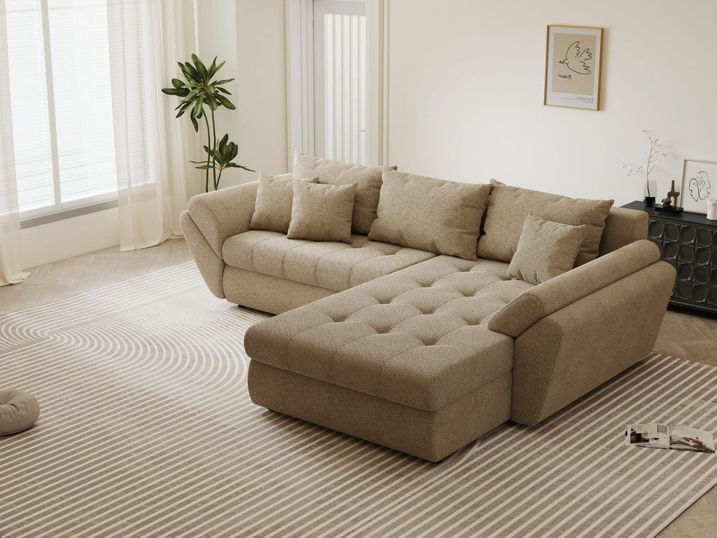 Colțar extensibil dumonde cu ladă de depozitare si sezut confortabil din spuma high-density, Loana Quelle Bej II 270x185 cm