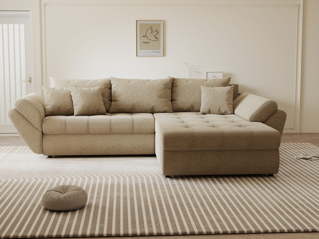 Colțar extensibil dumonde cu ladă de depozitare si sezut confortabil din spuma high-density, Loana Quelle Bej II 270x185 cm