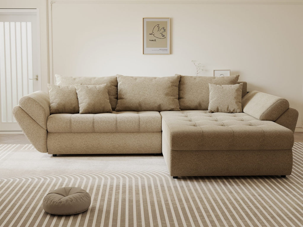 Colțar extensibil dumonde cu ladă de depozitare si sezut confortabil din spuma high-density, Loana Quelle Bej II 270x185 cm