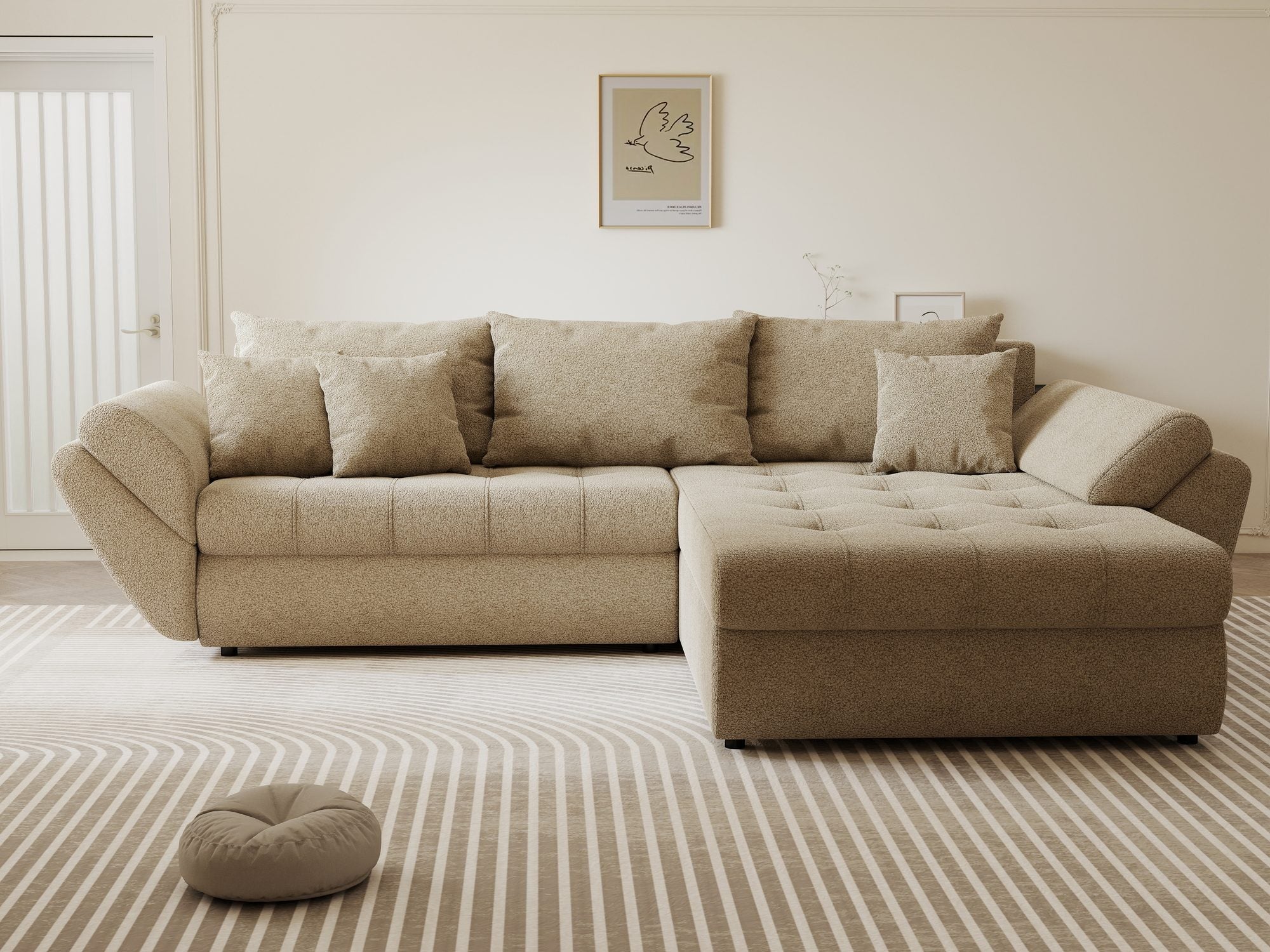 Colțar extensibil dumonde cu ladă de depozitare si sezut confortabil din spuma high-density, Loana Quelle Bej II 270x185 cm