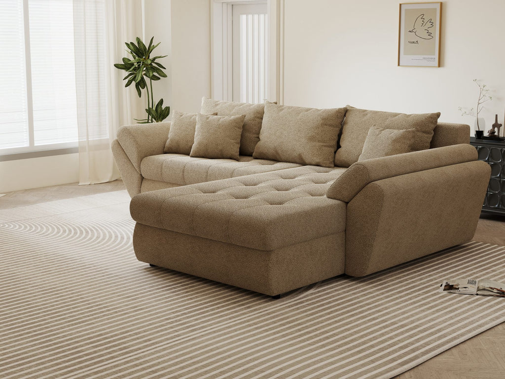 Colțar extensibil dumonde cu ladă de depozitare si sezut confortabil din spuma high-density, Loana Quelle Bej II 270x185 cm