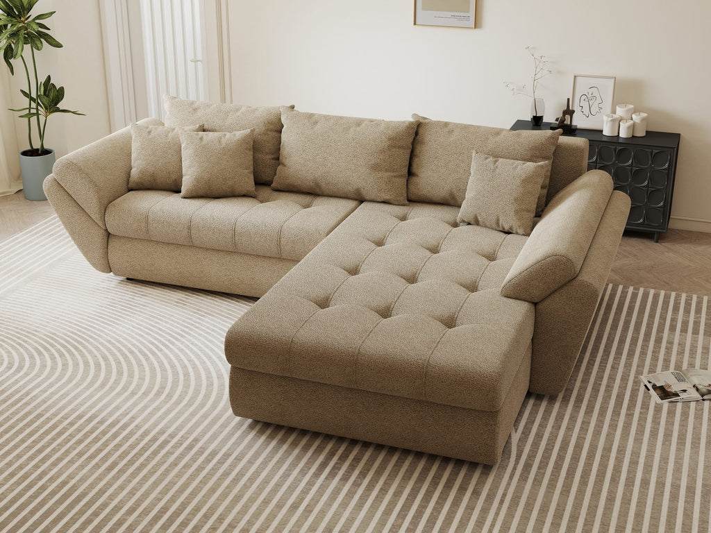 Colțar extensibil dumonde cu ladă de depozitare si sezut confortabil din spuma high-density, Loana Quelle Bej II 270x185 cm