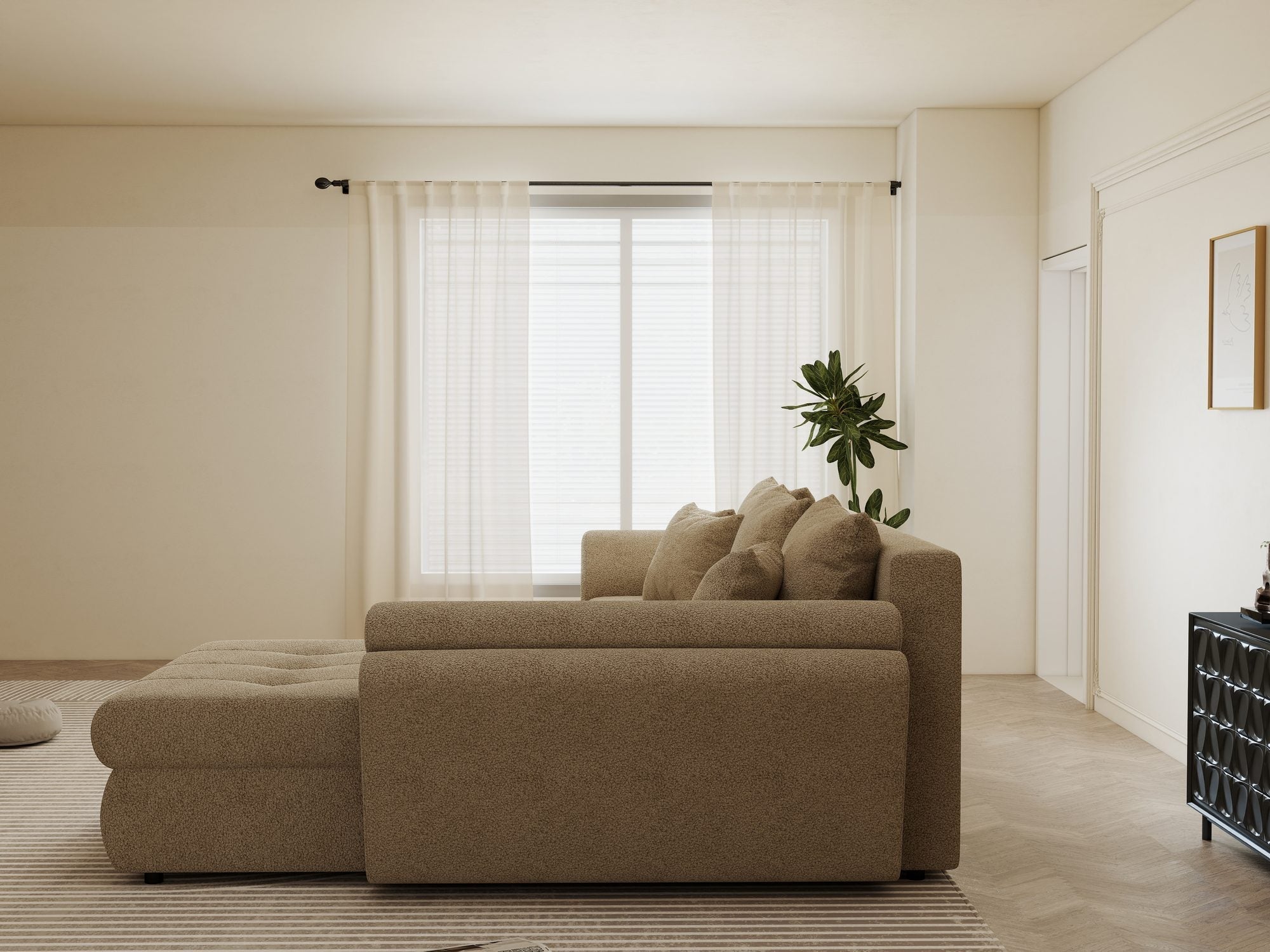 Colțar extensibil dumonde cu ladă de depozitare si sezut confortabil din spuma high-density, Loana Quelle Bej II 270x185 cm