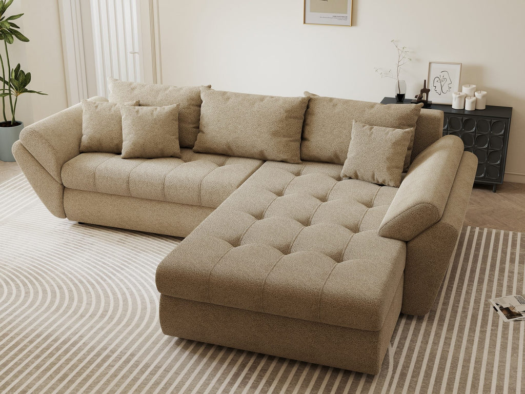 Colțar extensibil dumonde cu ladă de depozitare si sezut confortabil din spuma high-density, Loana Quelle Bej II 270x185 cm