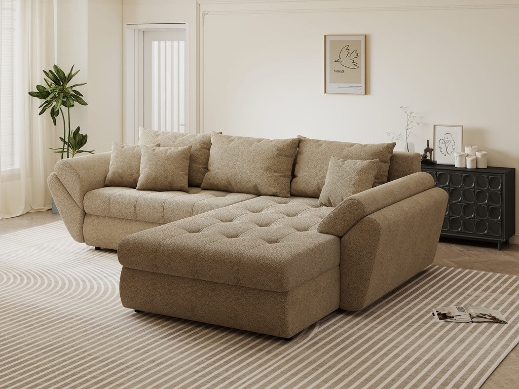 Colțar extensibil dumonde cu ladă de depozitare si sezut confortabil din spuma high-density, Loana Quelle Bej II 270x185 cm