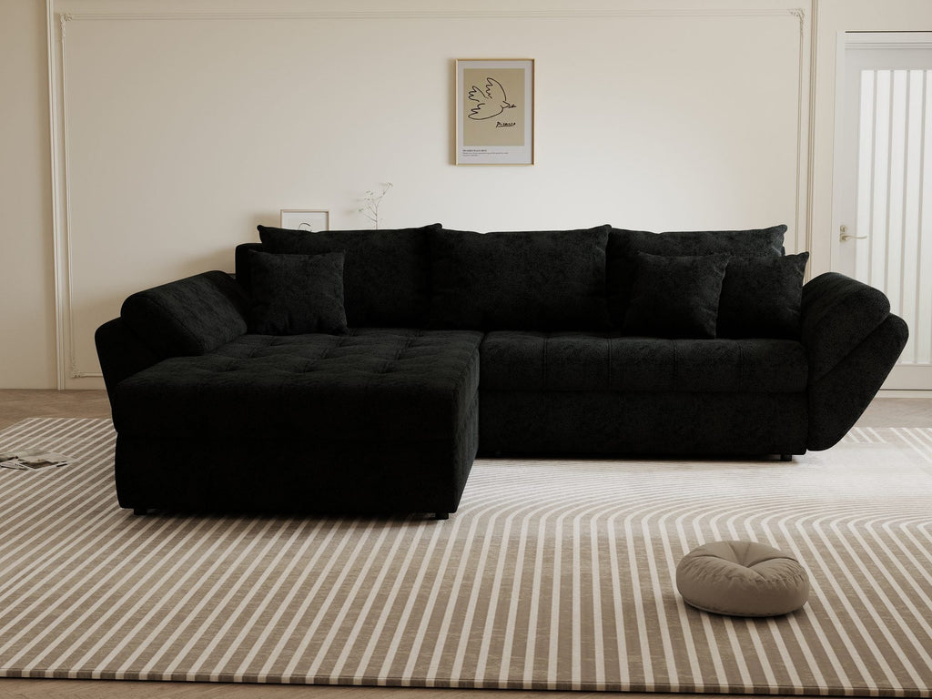 Colțar extensibil dumonde cu ladă de depozitare si sezut confortabil din spuma high-density, Loana Quelle Negru 270x185 cm