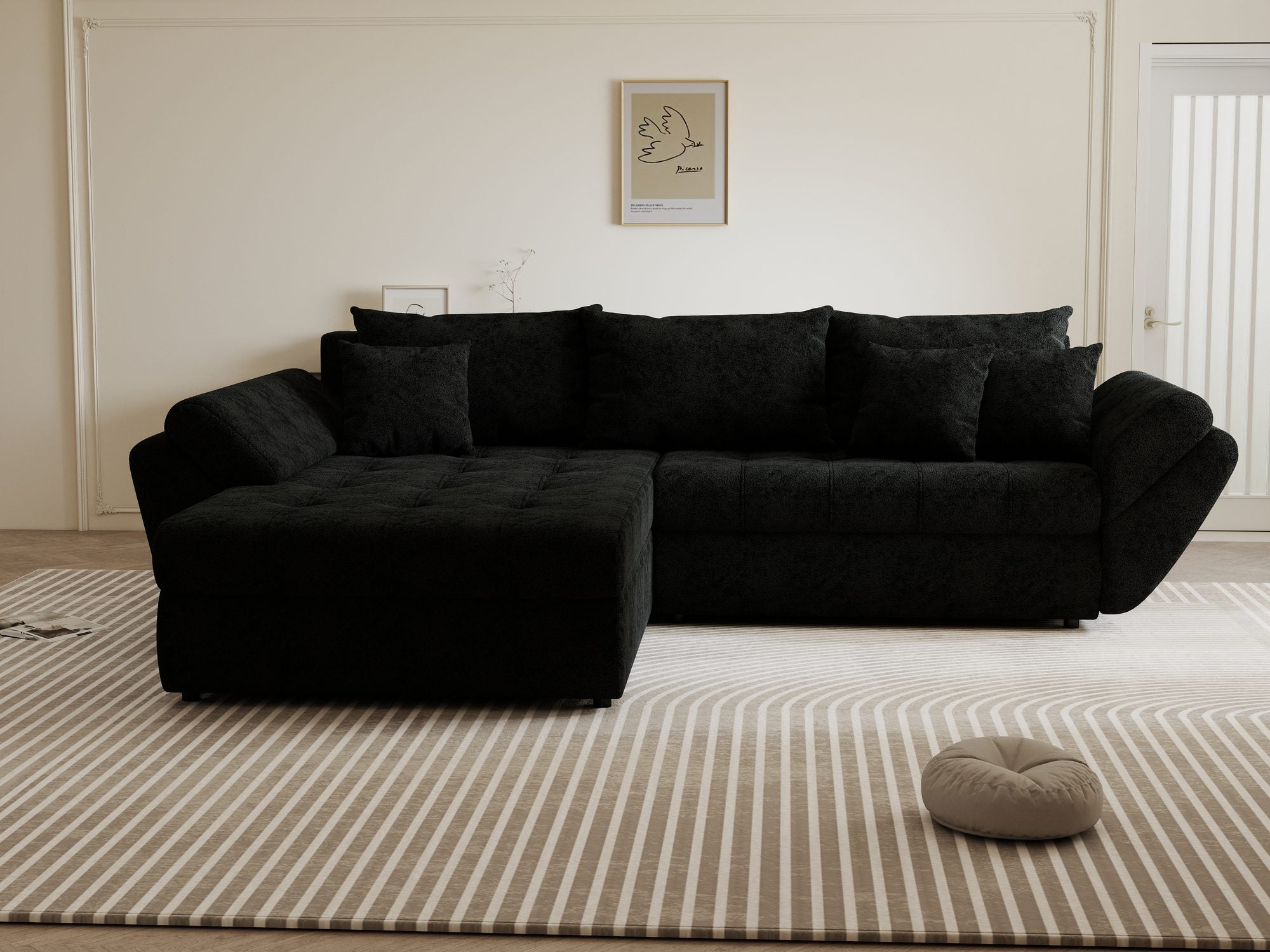 Colțar extensibil dumonde cu ladă de depozitare si sezut confortabil din spuma high-density, Loana Quelle Negru 270x185 cm