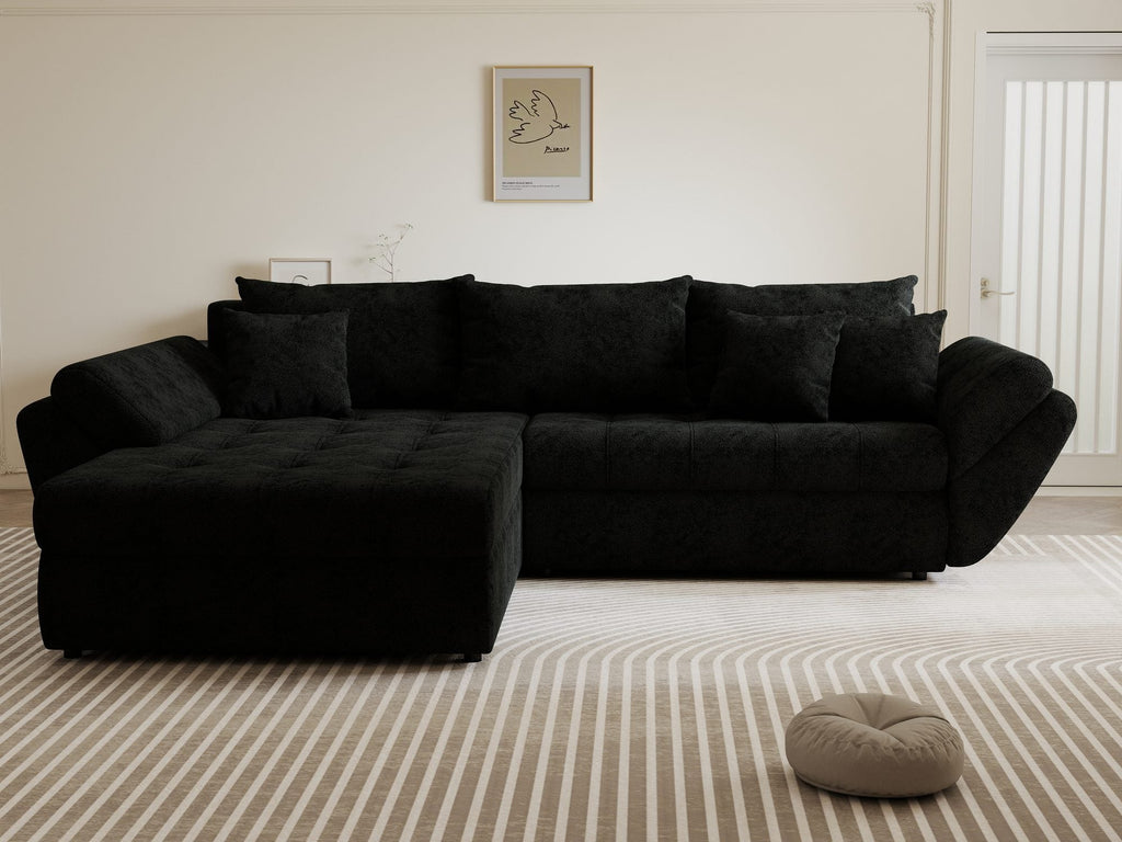 Colțar extensibil dumonde cu ladă de depozitare si sezut confortabil din spuma high-density, Loana Quelle Negru 270x185 cm