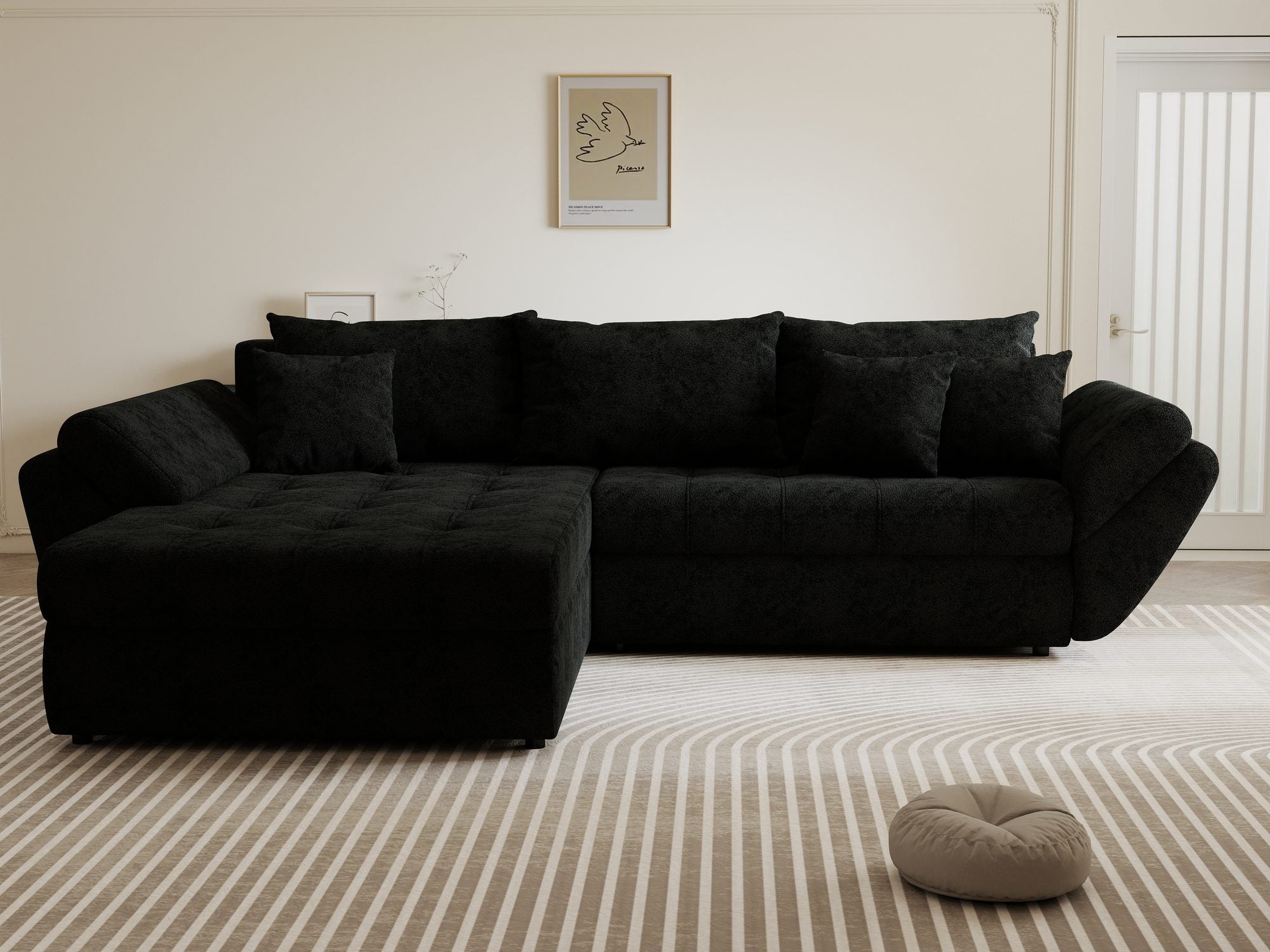 Colțar extensibil dumonde cu ladă de depozitare si sezut confortabil din spuma high-density, Loana Quelle Negru 270x185 cm