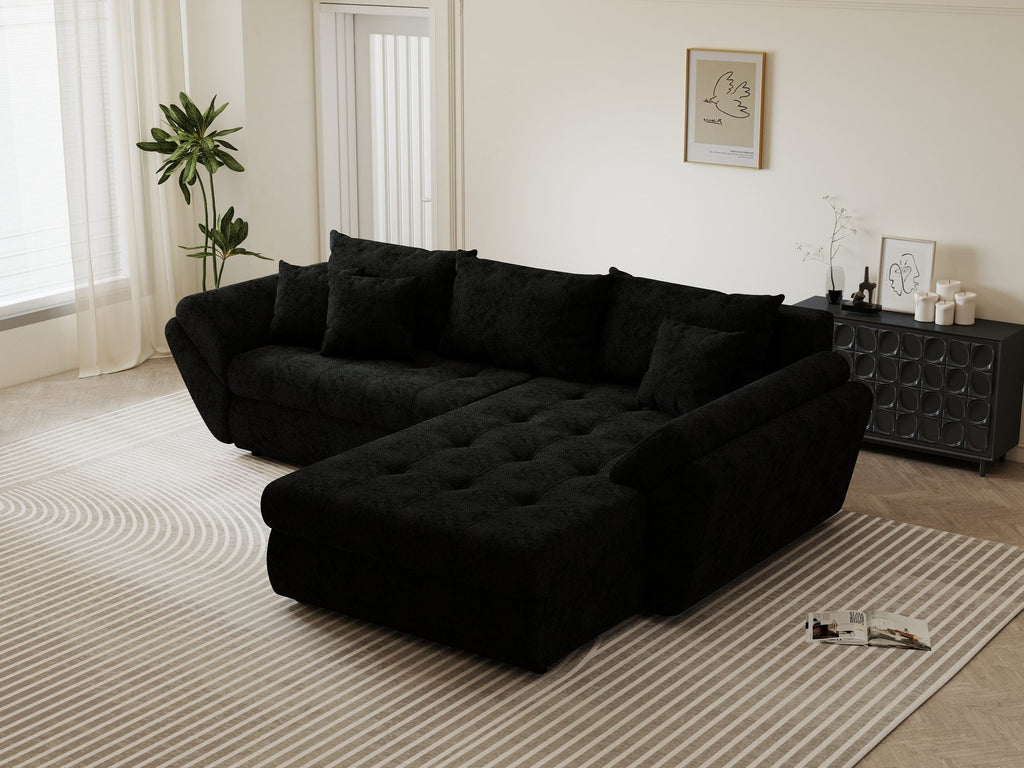 Colțar extensibil dumonde cu ladă de depozitare si sezut confortabil din spuma high-density, Loana Quelle Negru II 270x185 cm