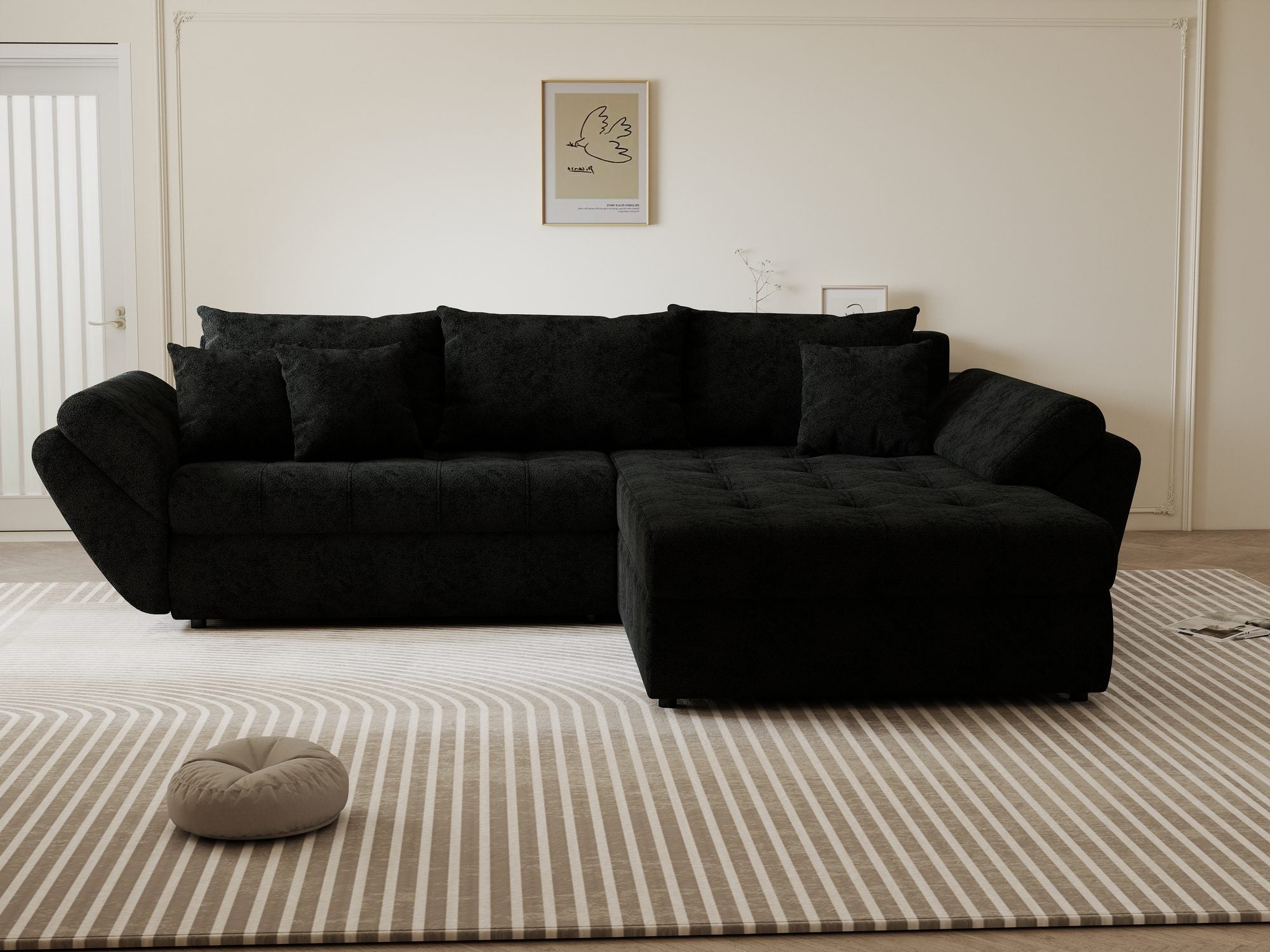 Colțar extensibil dumonde cu ladă de depozitare si sezut confortabil din spuma high-density, Loana Quelle Negru II 270x185 cm