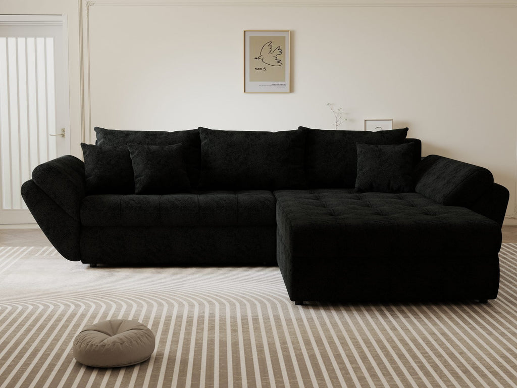 Colțar extensibil dumonde cu ladă de depozitare si sezut confortabil din spuma high-density, Loana Quelle Negru II 270x185 cm
