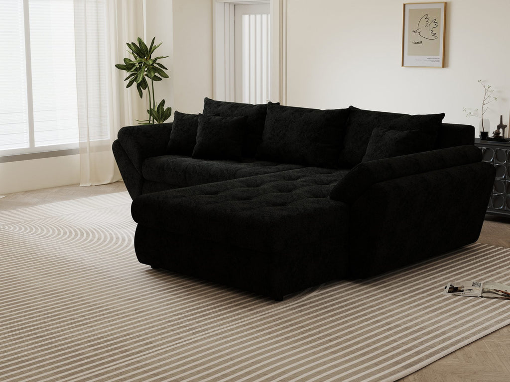 Colțar extensibil dumonde cu ladă de depozitare si sezut confortabil din spuma high-density, Loana Quelle Negru II 270x185 cm