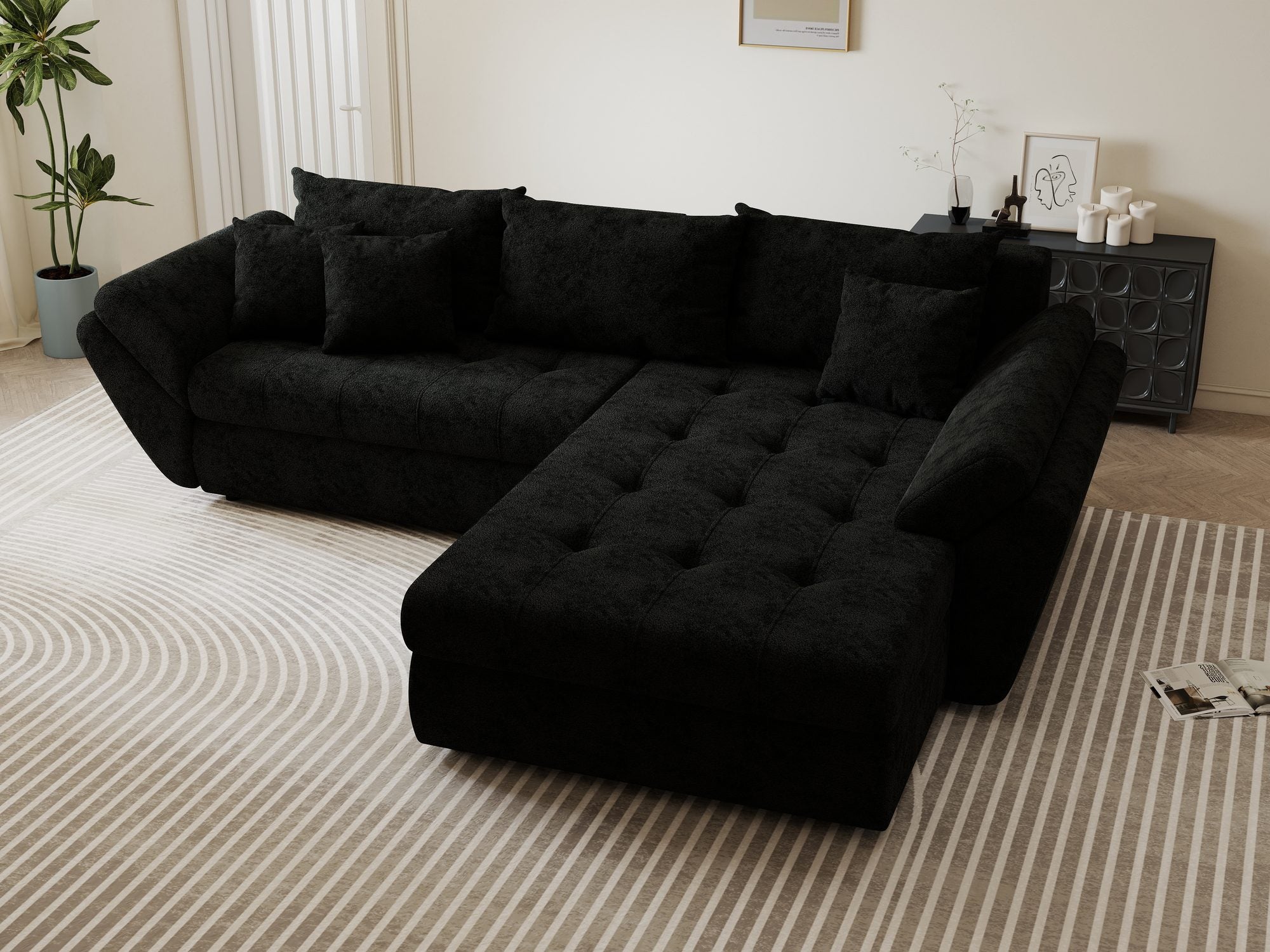 Colțar extensibil dumonde cu ladă de depozitare si sezut confortabil din spuma high-density, Loana Quelle Negru II 270x185 cm