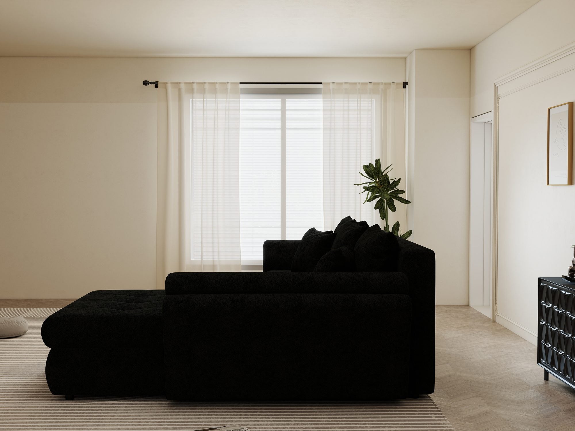 Colțar extensibil dumonde cu ladă de depozitare si sezut confortabil din spuma high-density, Loana Quelle Negru II 270x185 cm