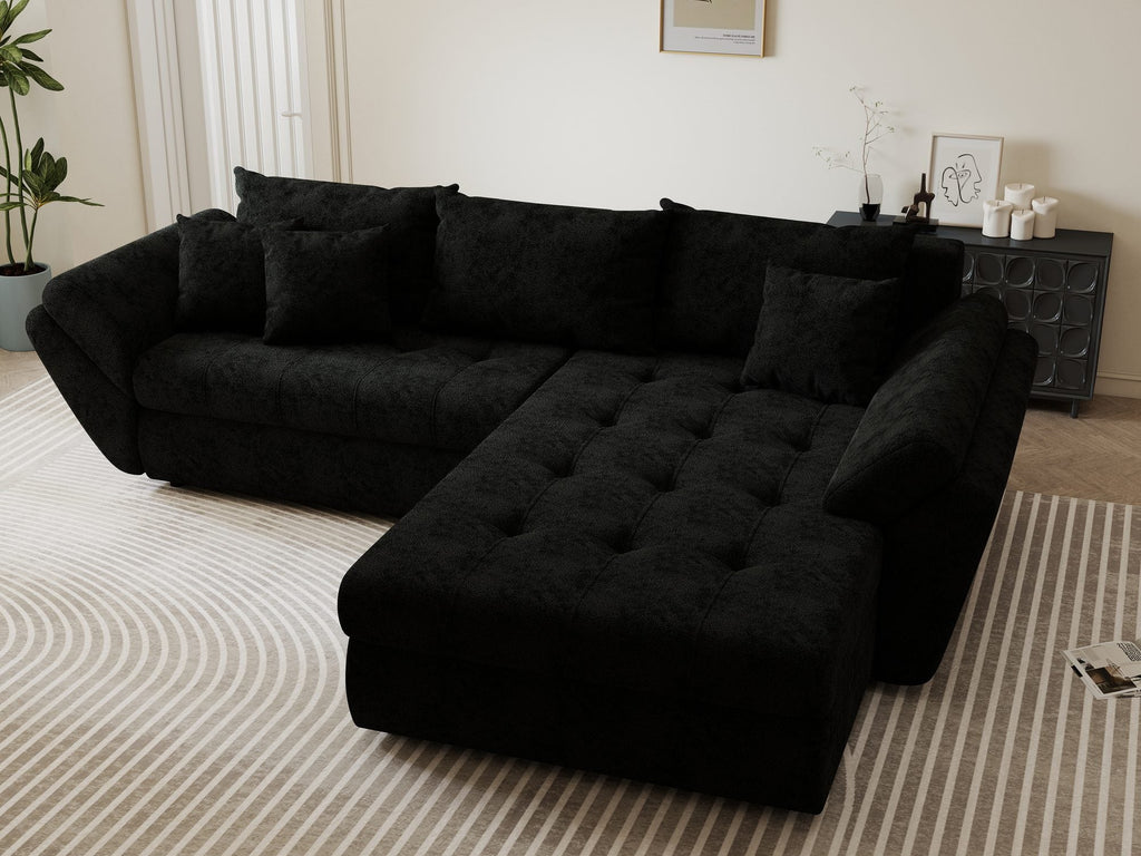 Colțar extensibil dumonde cu ladă de depozitare si sezut confortabil din spuma high-density, Loana Quelle Negru II 270x185 cm