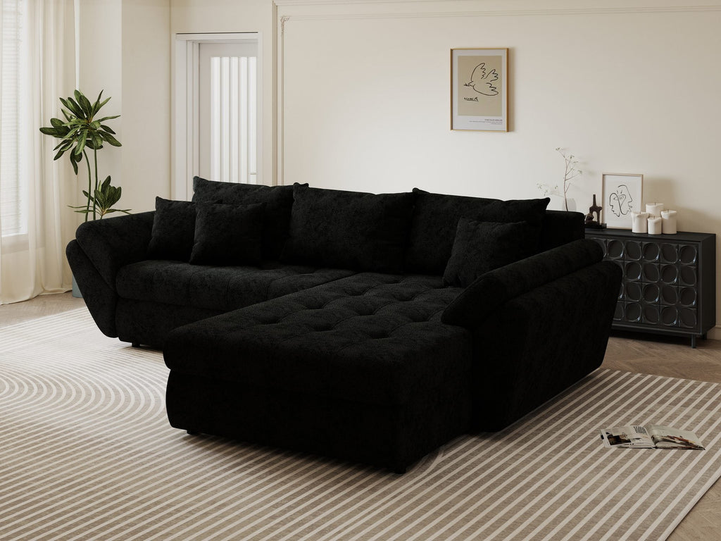 Colțar extensibil dumonde cu ladă de depozitare si sezut confortabil din spuma high-density, Loana Quelle Negru II 270x185 cm