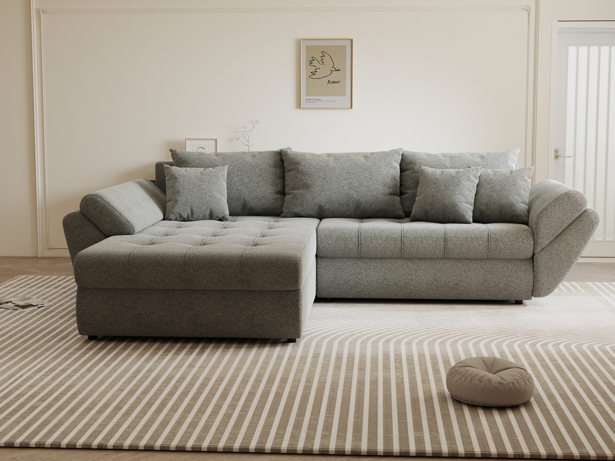 Colțar extensibil dumonde cu ladă de depozitare si sezut confortabil din spuma high-density, Loana Quelle Gri 270x185 cm