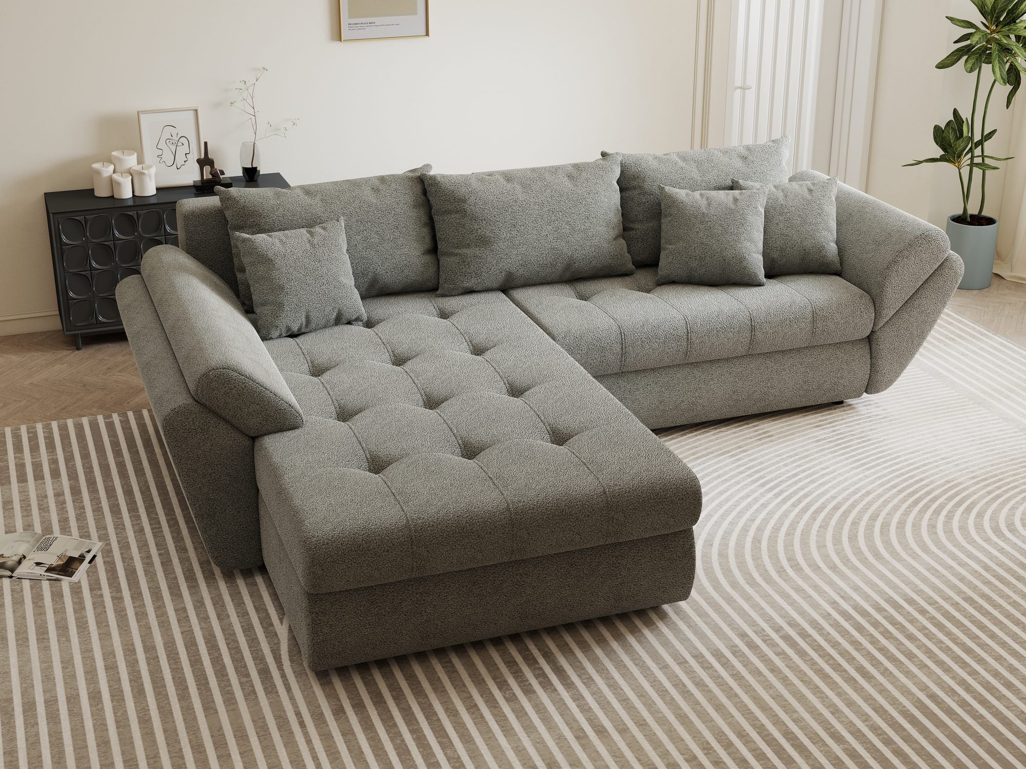 Colțar extensibil dumonde cu ladă de depozitare si sezut confortabil din spuma high-density, Loana Quelle Gri 270x185 cm