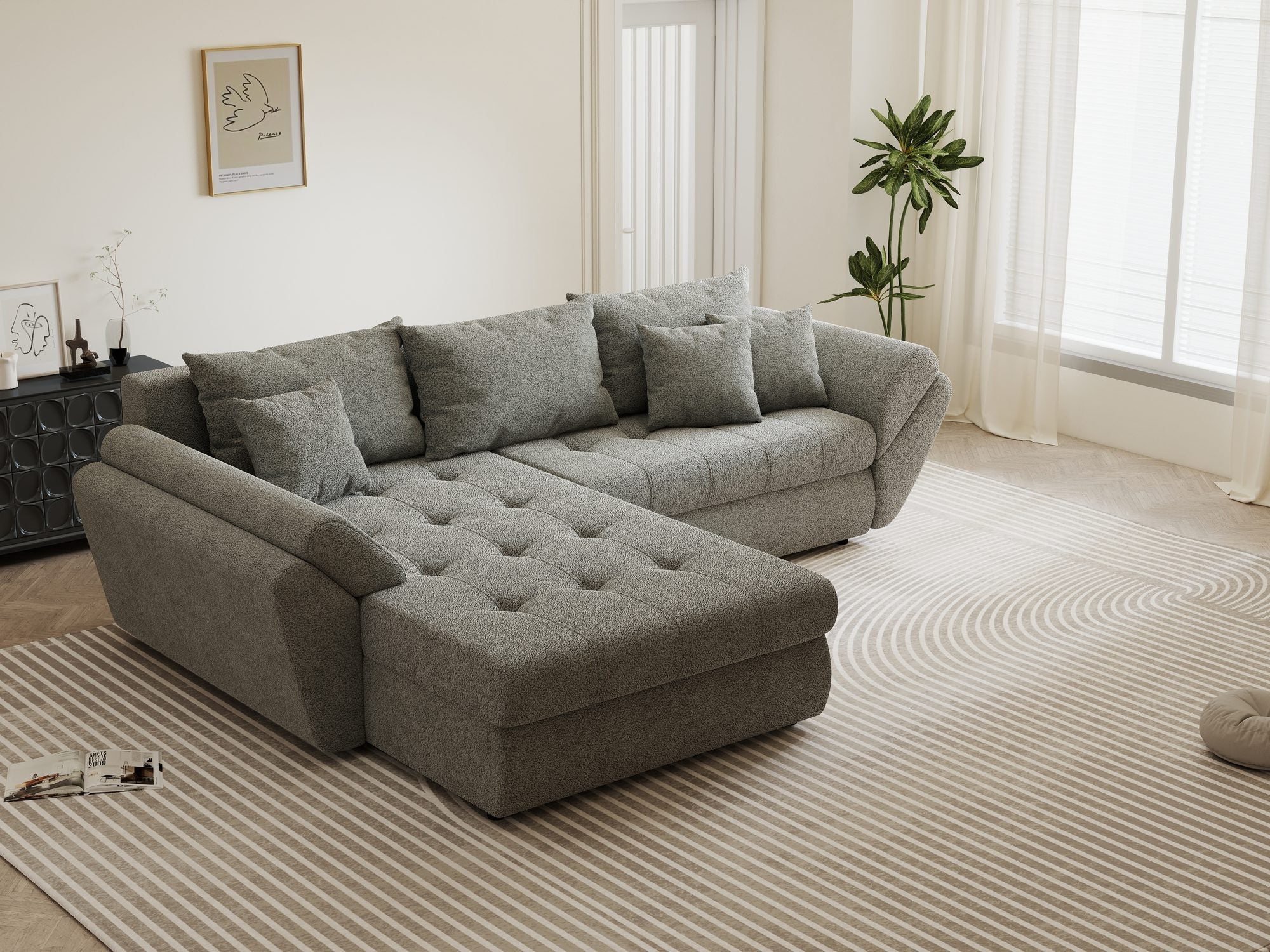 Colțar extensibil dumonde cu ladă de depozitare si sezut confortabil din spuma high-density, Loana Quelle Gri 270x185 cm