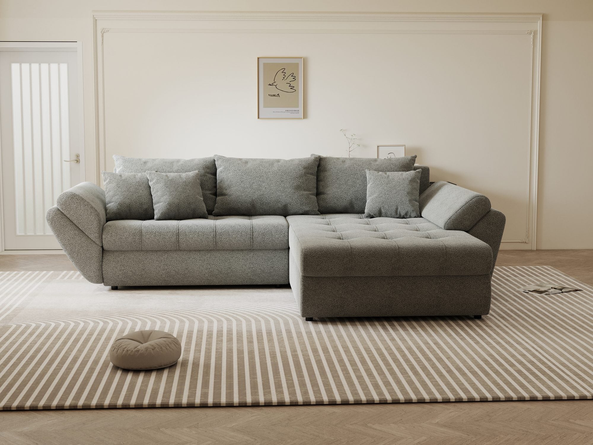 Colțar extensibil dumonde cu ladă de depozitare si sezut confortabil din spuma high-density, Loana Quelle Gri II 270x185 cm