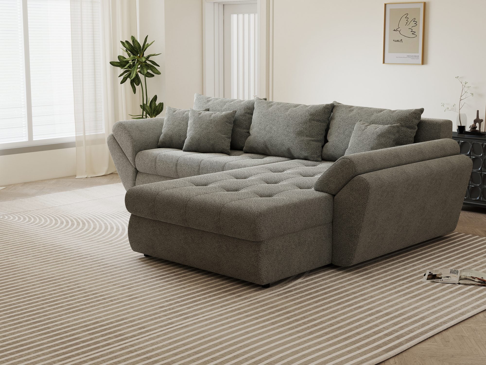 Colțar extensibil dumonde cu ladă de depozitare si sezut confortabil din spuma high-density, Loana Quelle Gri II 270x185 cm