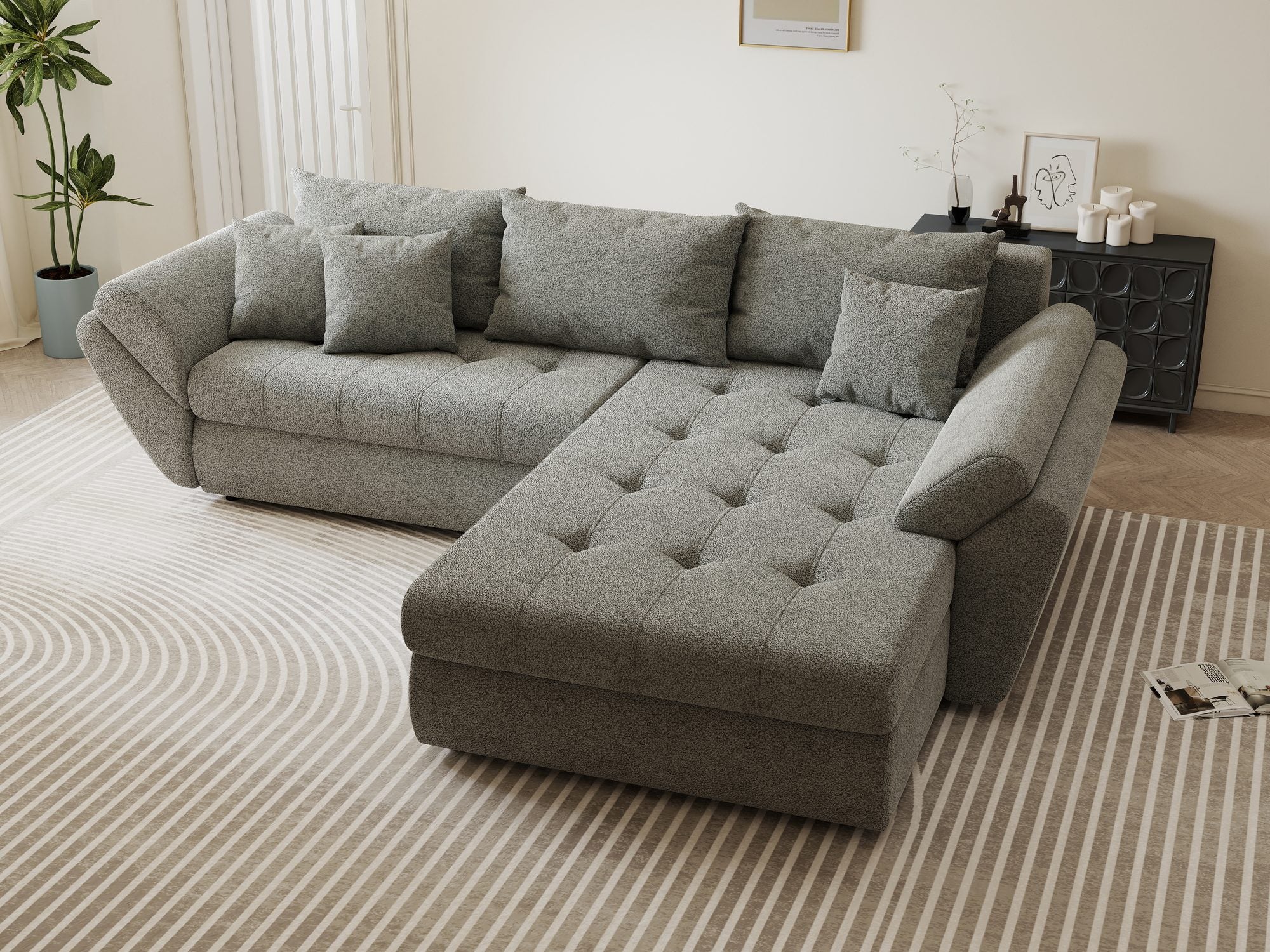 Colțar extensibil dumonde cu ladă de depozitare si sezut confortabil din spuma high-density, Loana Quelle Gri II 270x185 cm