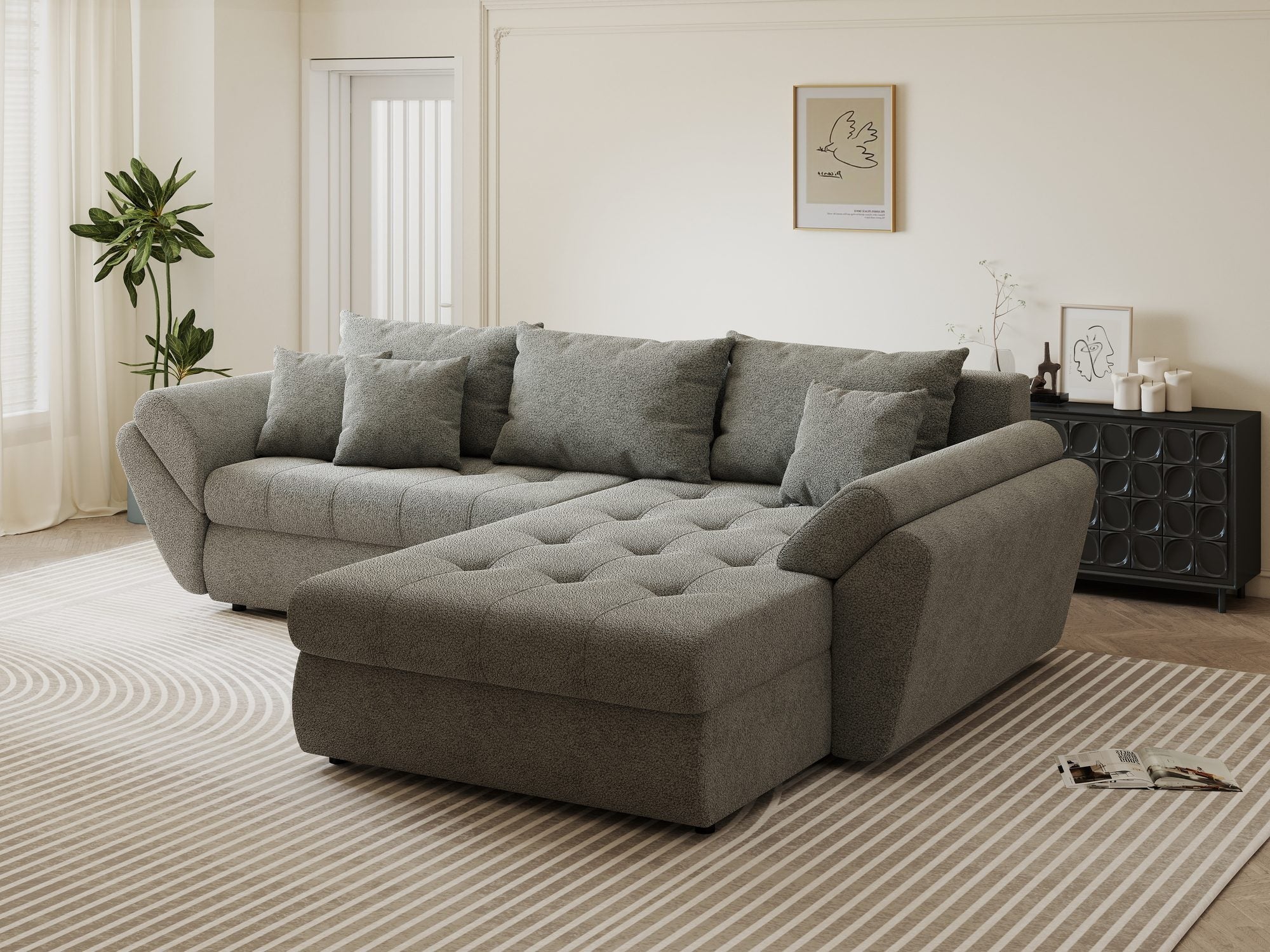 Colțar extensibil dumonde cu ladă de depozitare si sezut confortabil din spuma high-density, Loana Quelle Gri II 270x185 cm