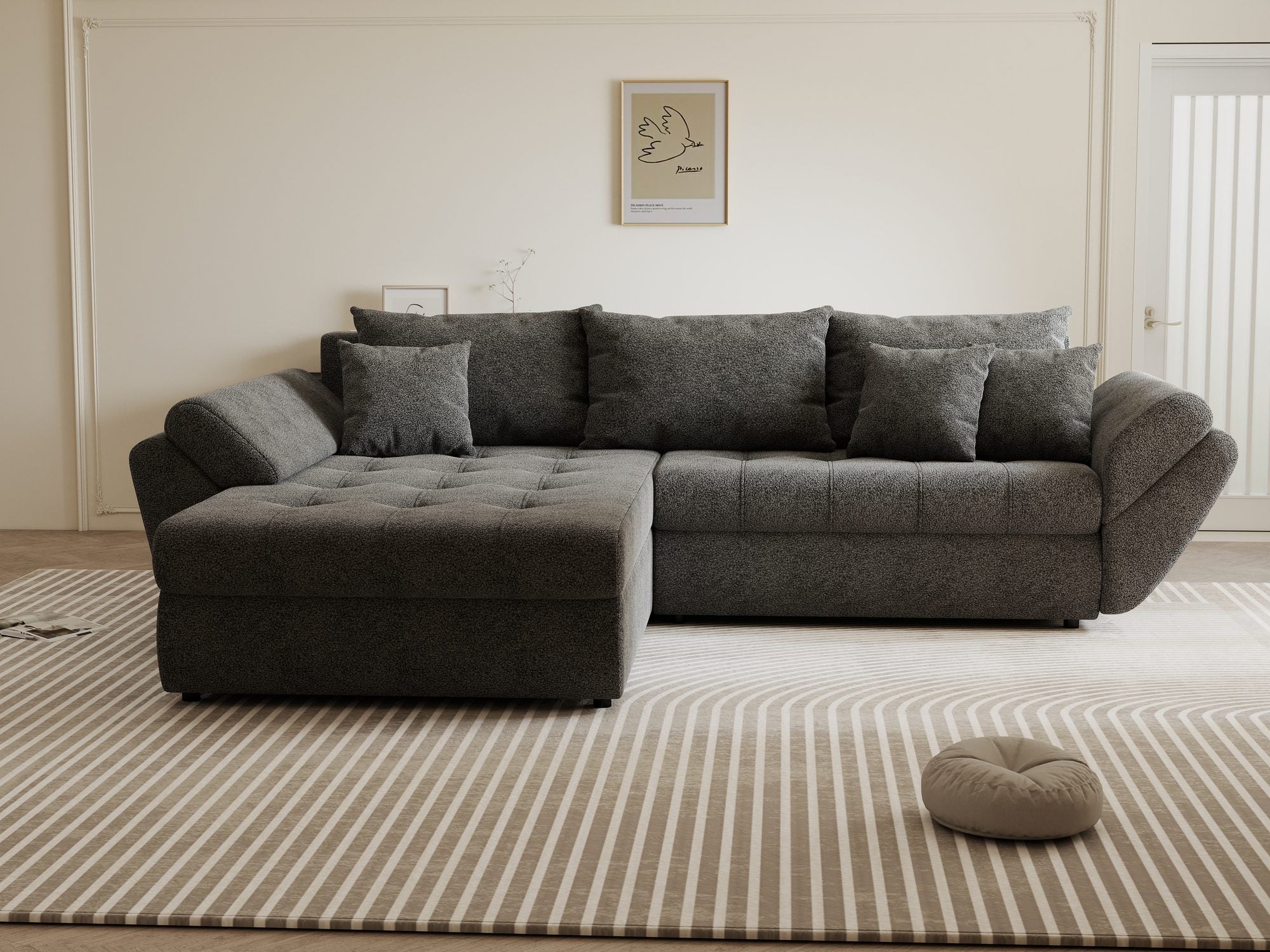 Colțar extensibil dumonde cu ladă de depozitare si sezut confortabil din spuma high-density, Loana Quelle Gri 270x185 cm