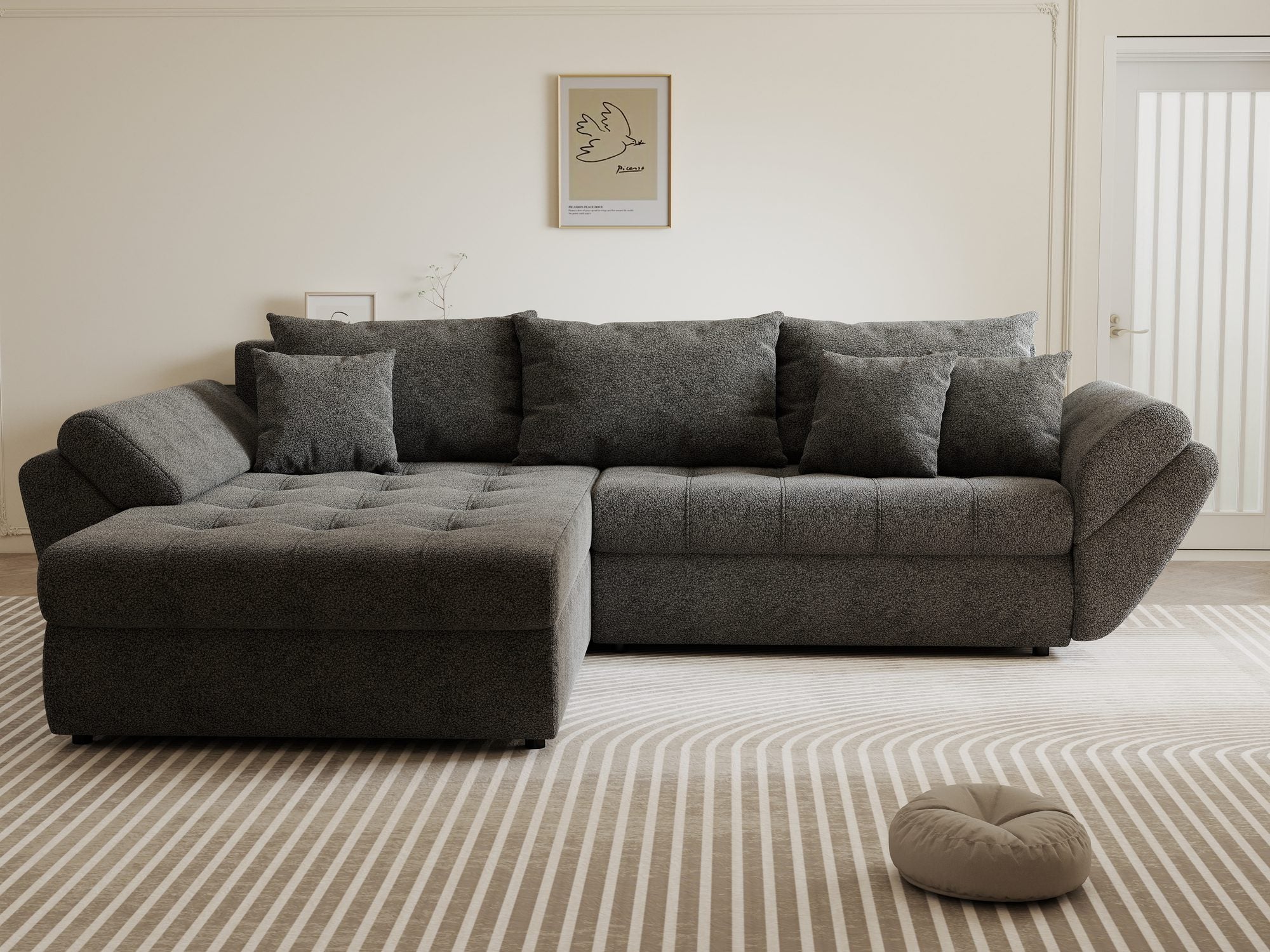 Colțar extensibil dumonde cu ladă de depozitare si sezut confortabil din spuma high-density, Loana Quelle Gri 270x185 cm