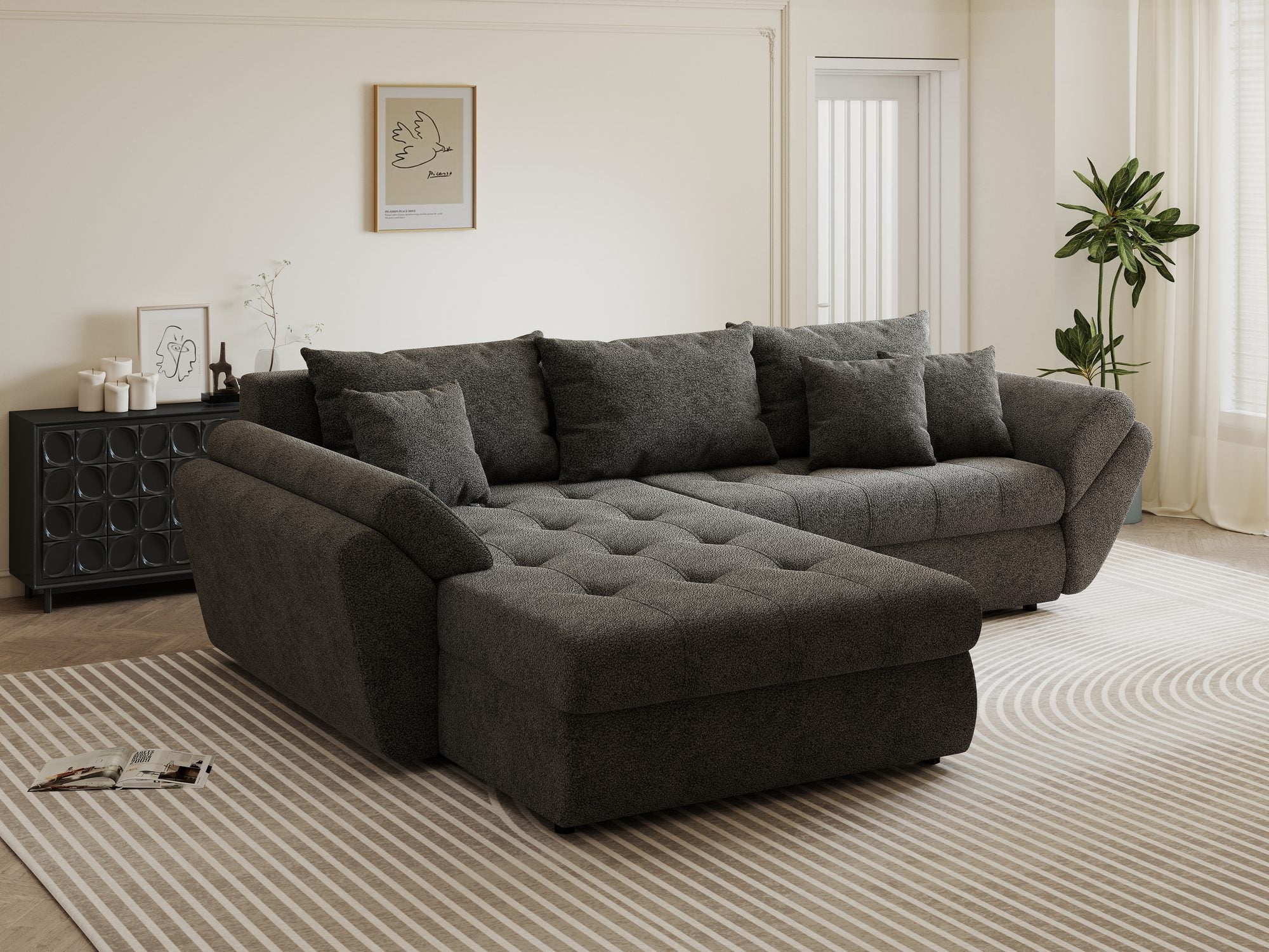 Colțar extensibil dumonde cu ladă de depozitare si sezut confortabil din spuma high-density, Loana Quelle Gri 270x185 cm