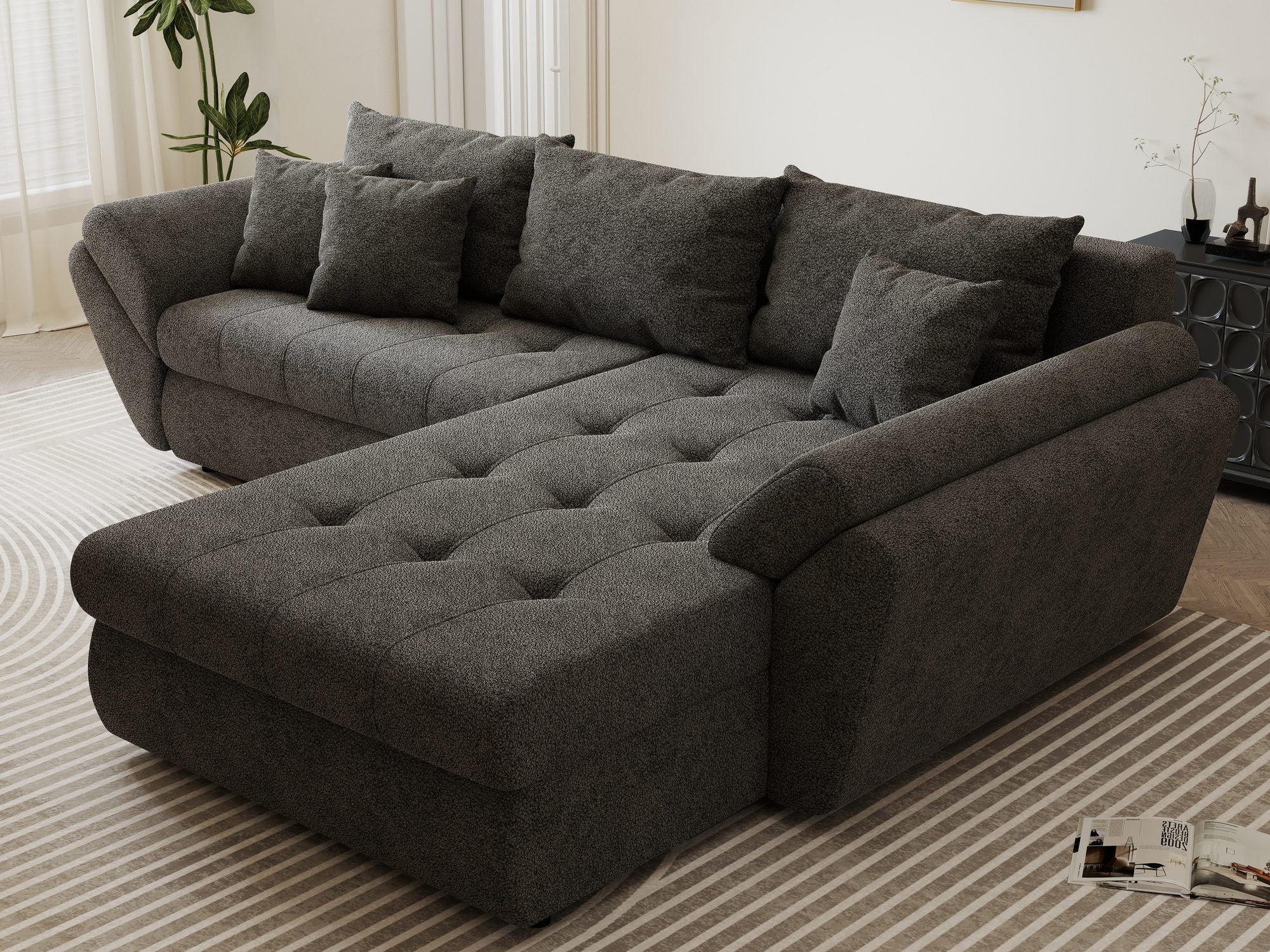Colțar extensibil dumonde cu ladă de depozitare si sezut confortabil din spuma high-density, Loana Quelle Gri II 270x185 cm