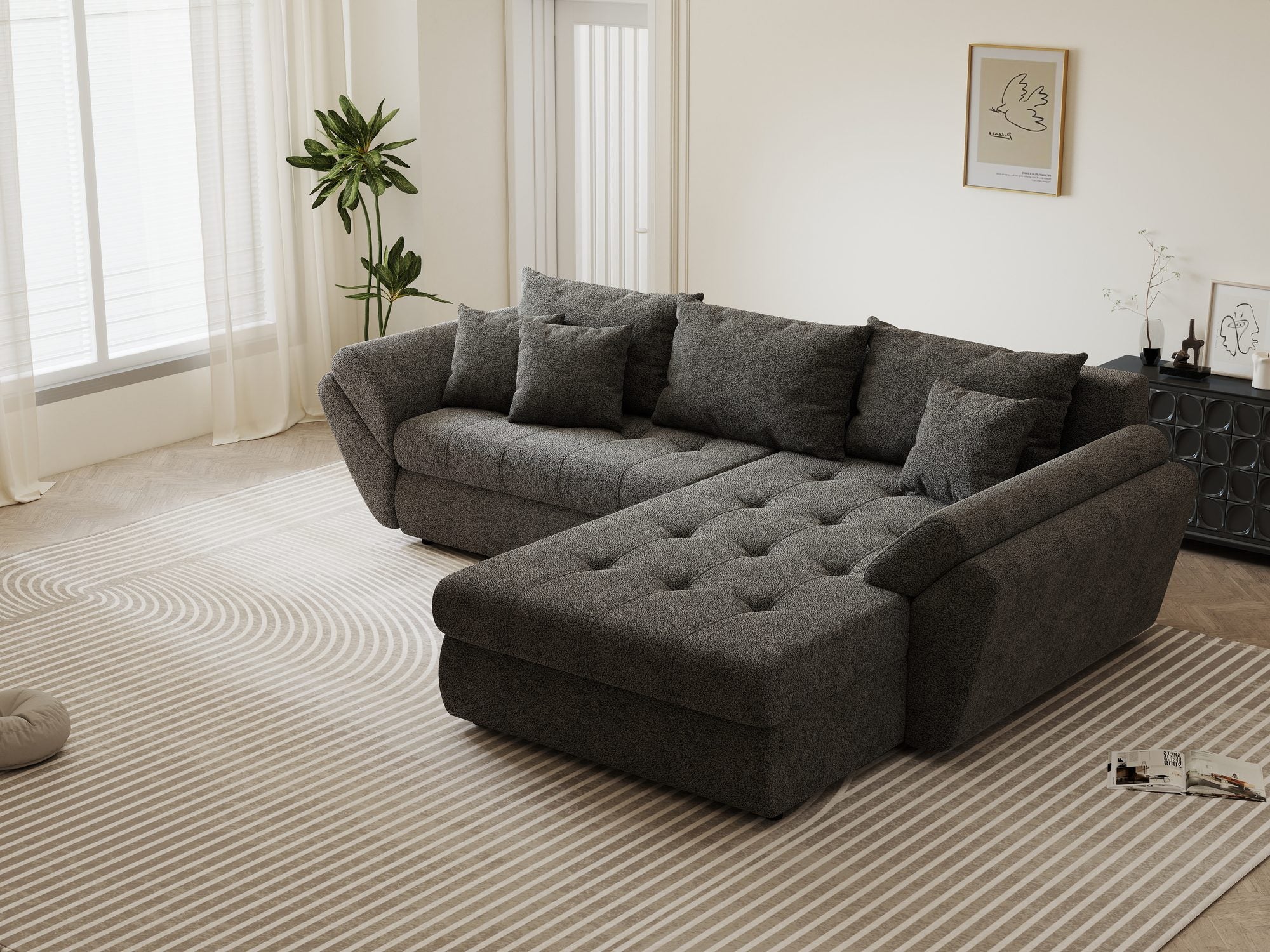 Colțar extensibil dumonde cu ladă de depozitare si sezut confortabil din spuma high-density, Loana Quelle Gri II 270x185 cm