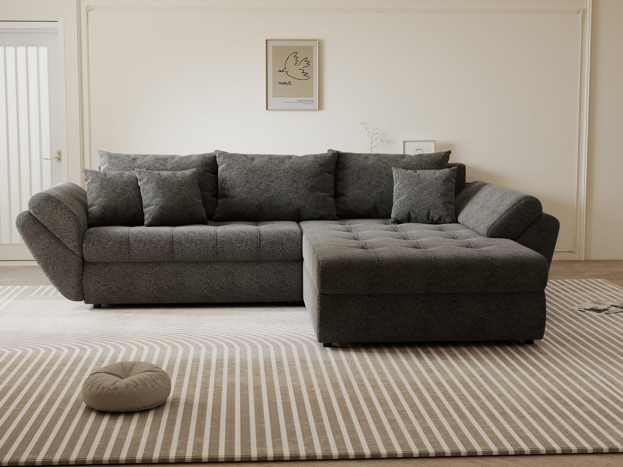 Colțar extensibil dumonde cu ladă de depozitare si sezut confortabil din spuma high-density, Loana Quelle Gri II 270x185 cm