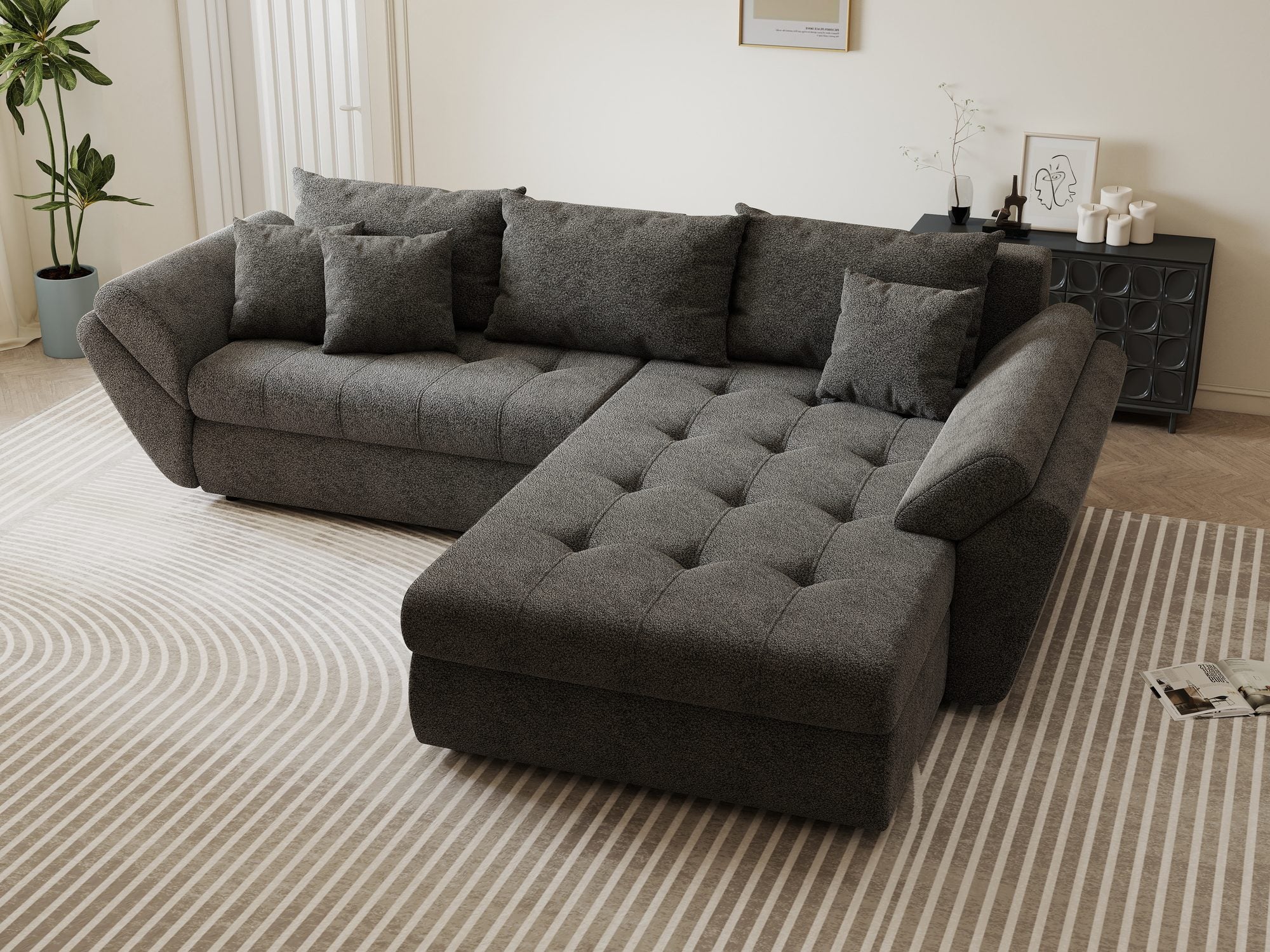 Colțar extensibil dumonde cu ladă de depozitare si sezut confortabil din spuma high-density, Loana Quelle Gri II 270x185 cm
