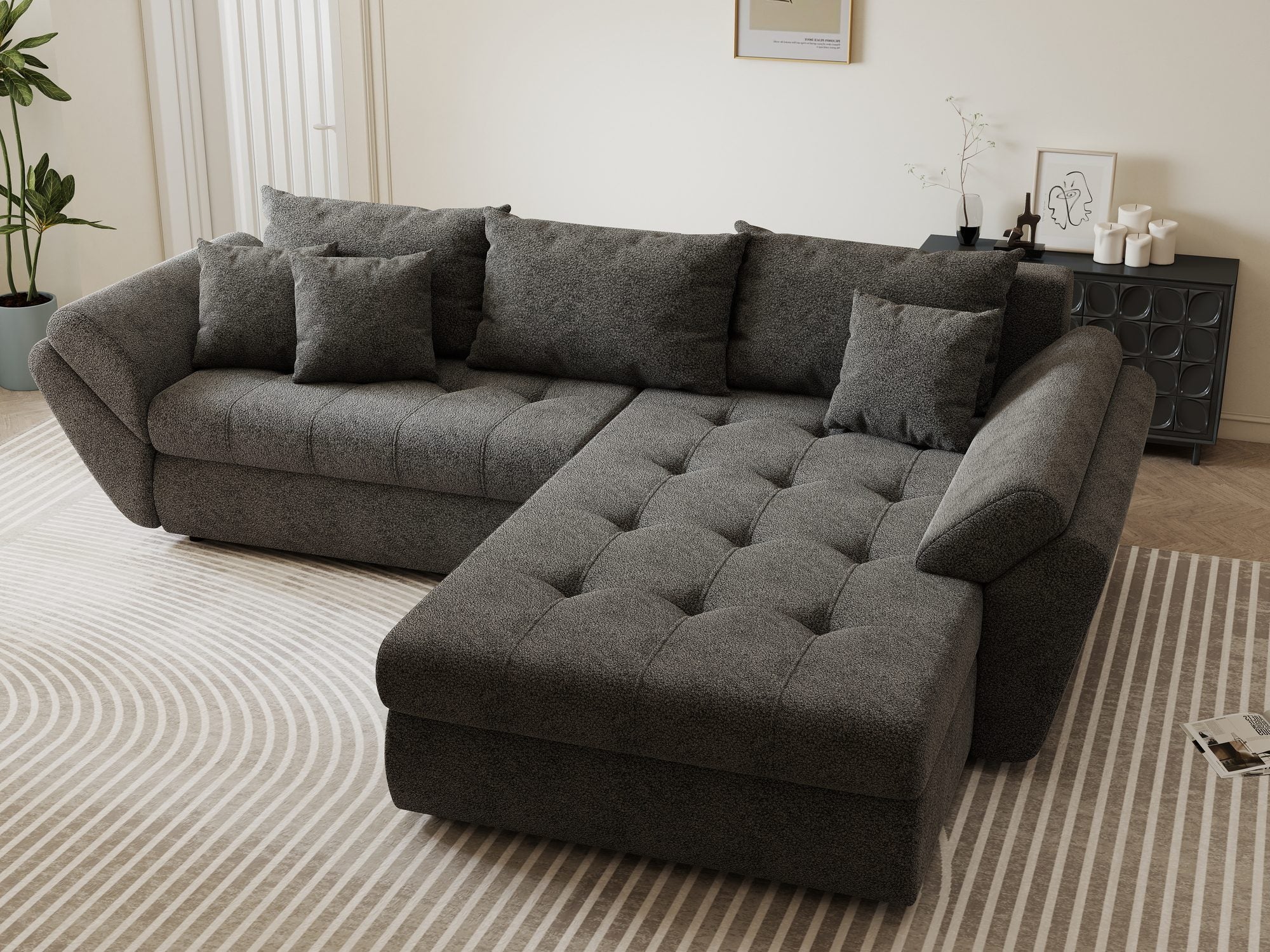 Colțar extensibil dumonde cu ladă de depozitare si sezut confortabil din spuma high-density, Loana Quelle Gri II 270x185 cm