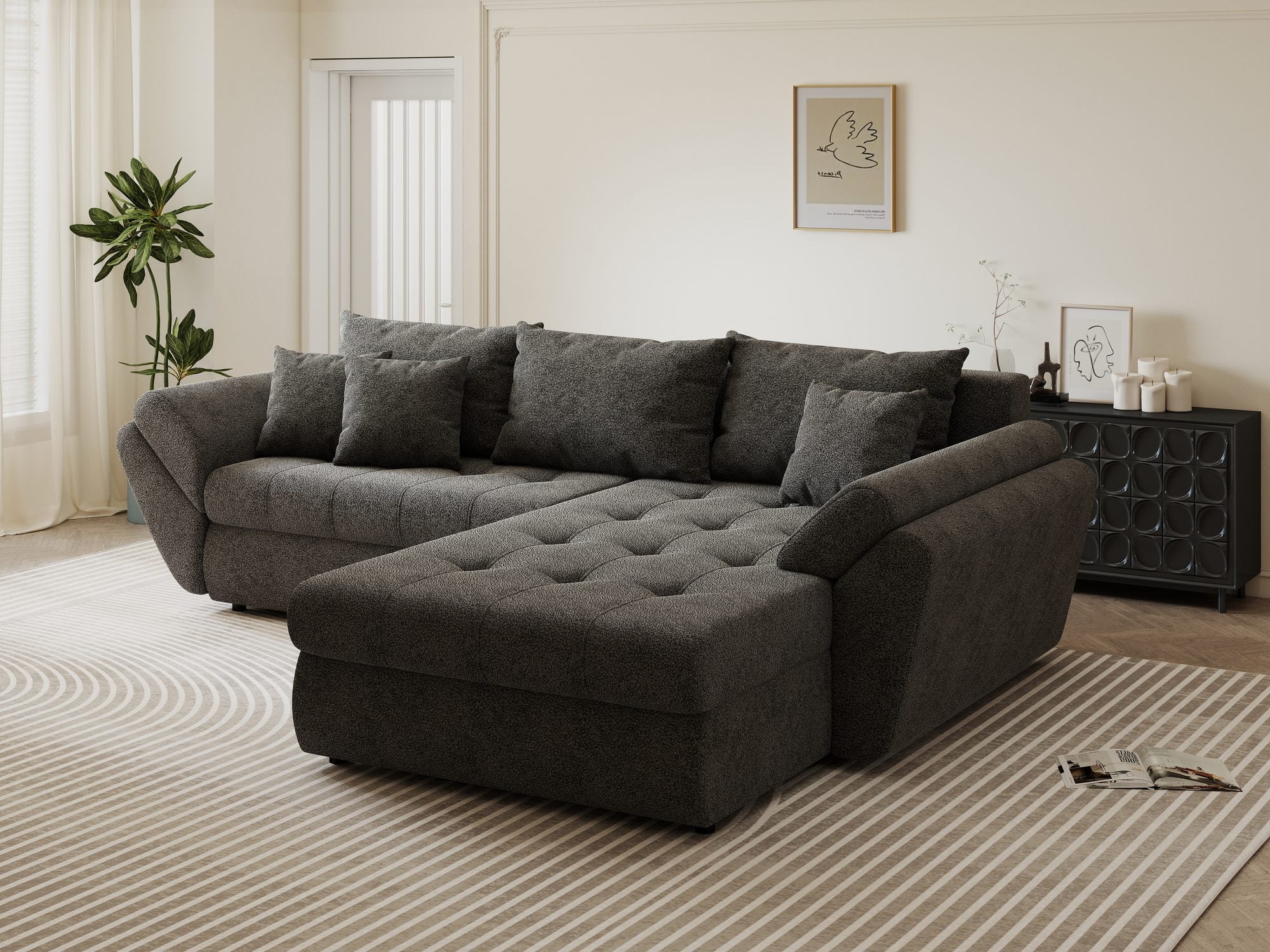 Colțar extensibil dumonde cu ladă de depozitare si sezut confortabil din spuma high-density, Loana Quelle Gri II 270x185 cm