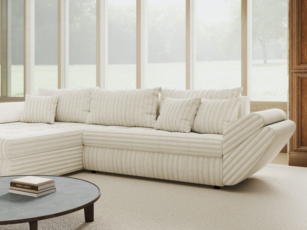 Colțar extensibil dumonde cu ladă de depozitare si sezut confortabil din spuma high-density, Loana Tilia Bej 270x185 cm