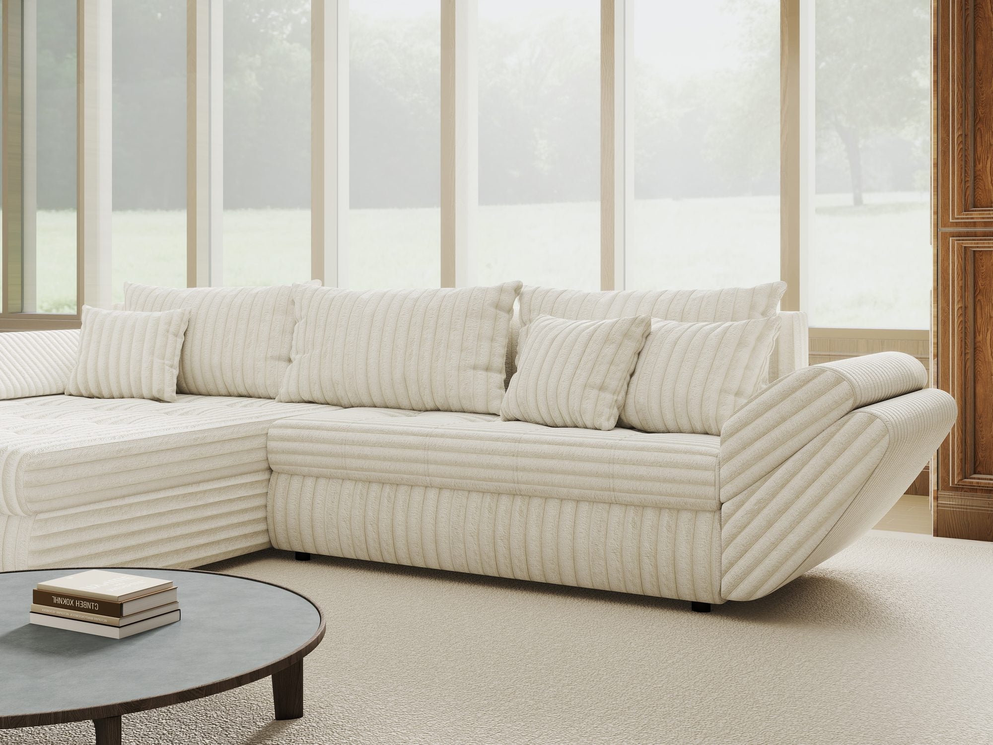 Colțar extensibil dumonde cu ladă de depozitare si sezut confortabil din spuma high-density, Loana Tilia Bej 270x185 cm